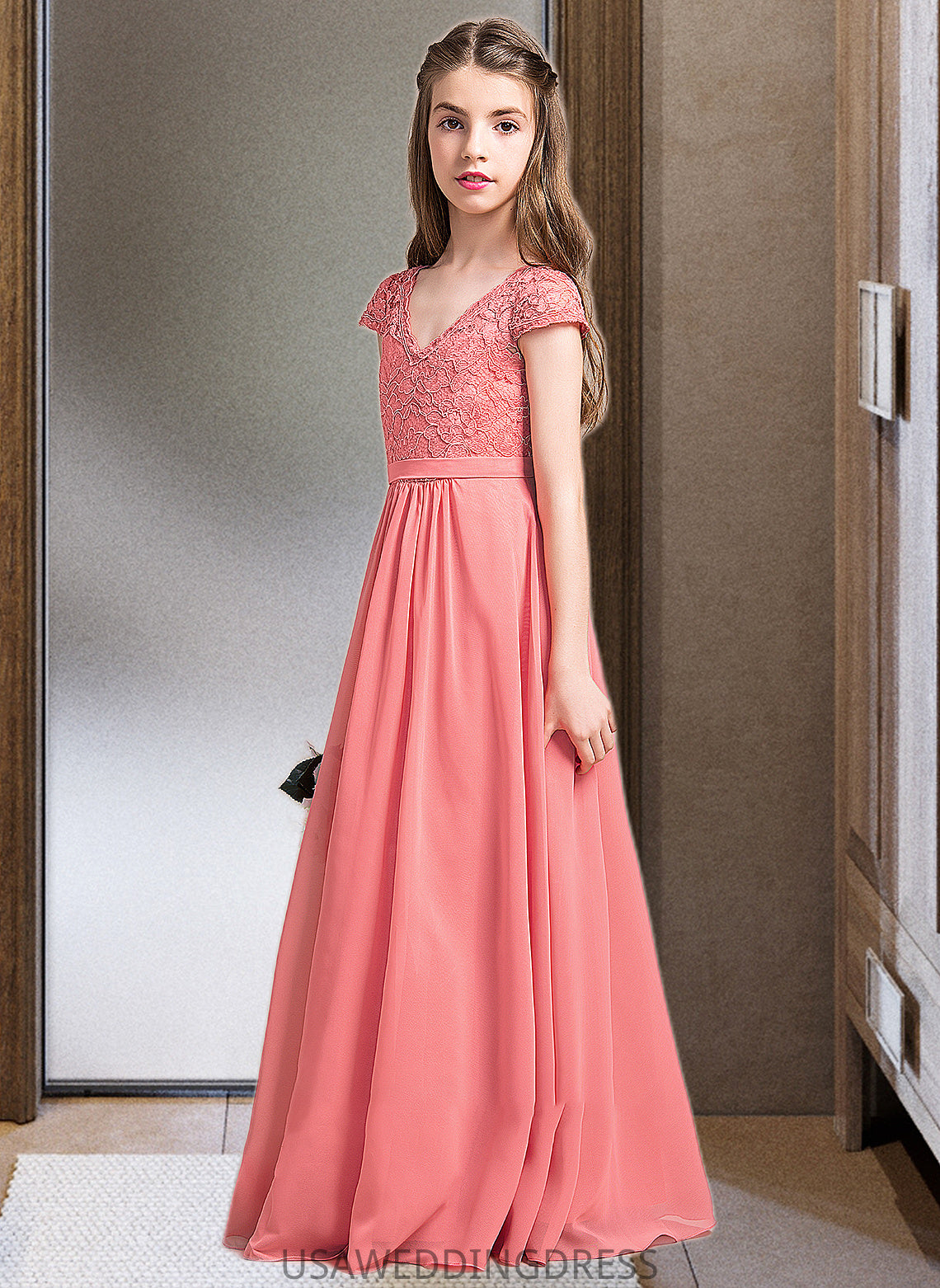 Annabelle A-Line V-neck Floor-Length Chiffon Lace Junior Bridesmaid Dress DSP0013634