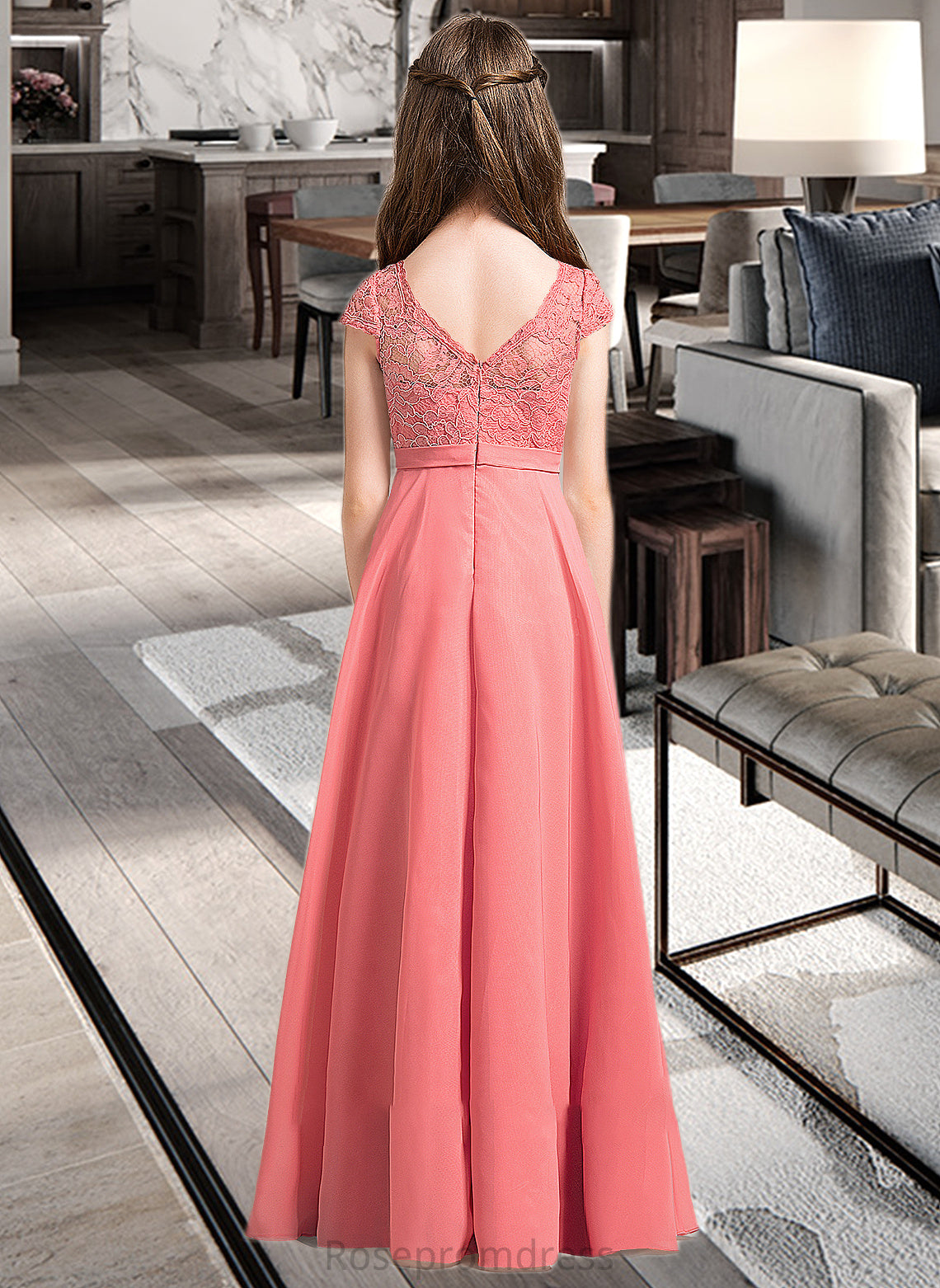 Cailyn A-Line V-neck Floor-Length Chiffon Lace Junior Bridesmaid Dress SRSP0013634