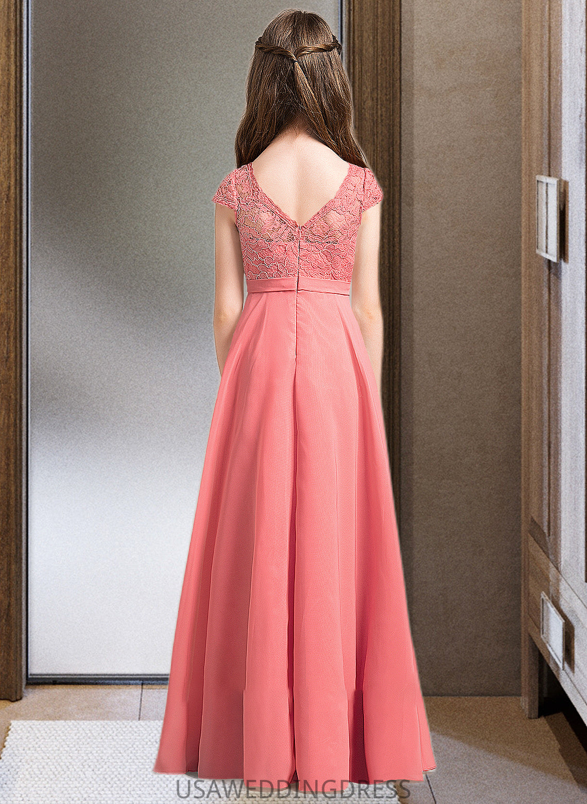 Annabelle A-Line V-neck Floor-Length Chiffon Lace Junior Bridesmaid Dress DSP0013634