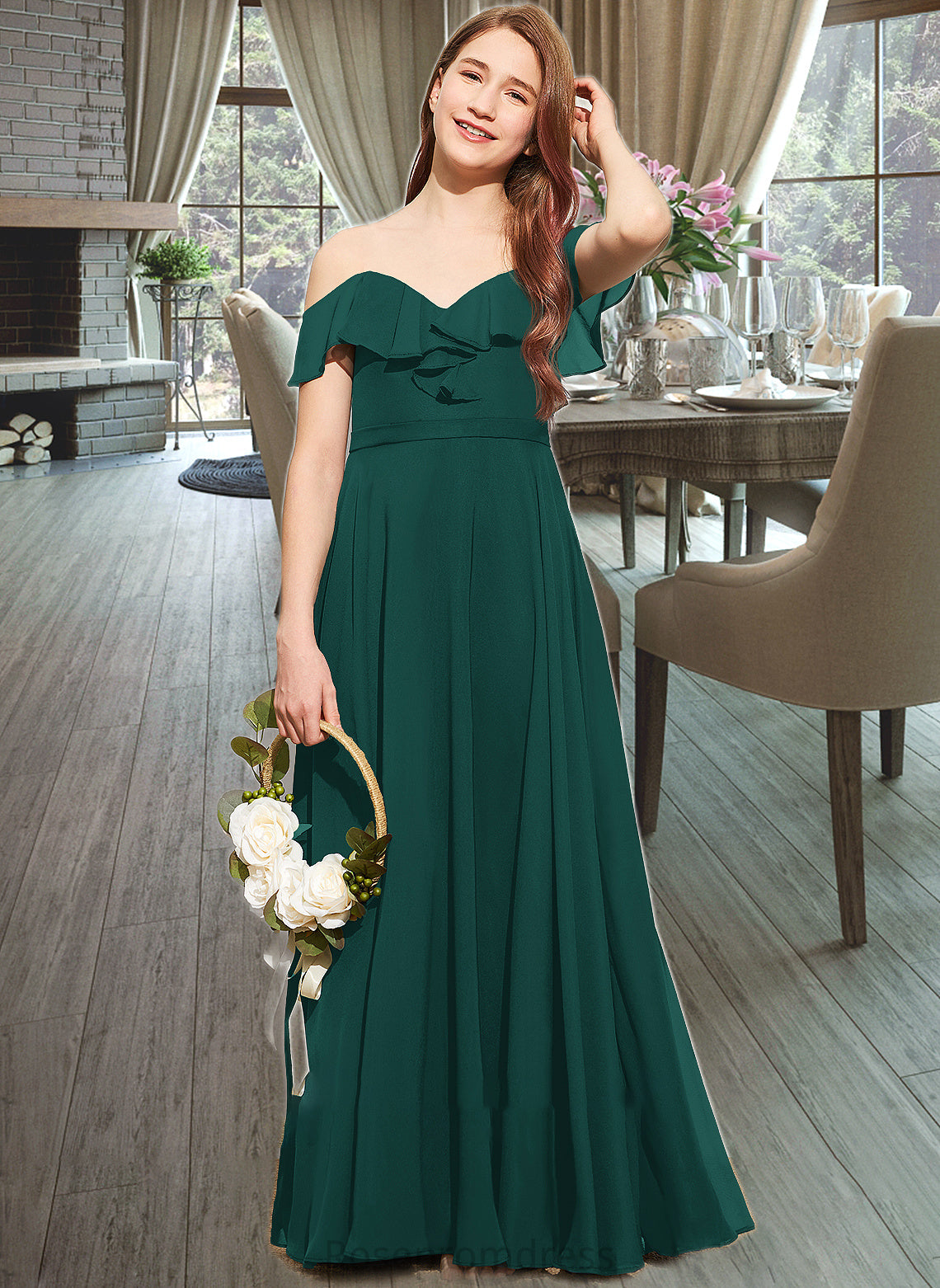 Millicent A-Line Off-the-Shoulder Floor-Length Chiffon Junior Bridesmaid Dress With Cascading Ruffles SRSP0013635