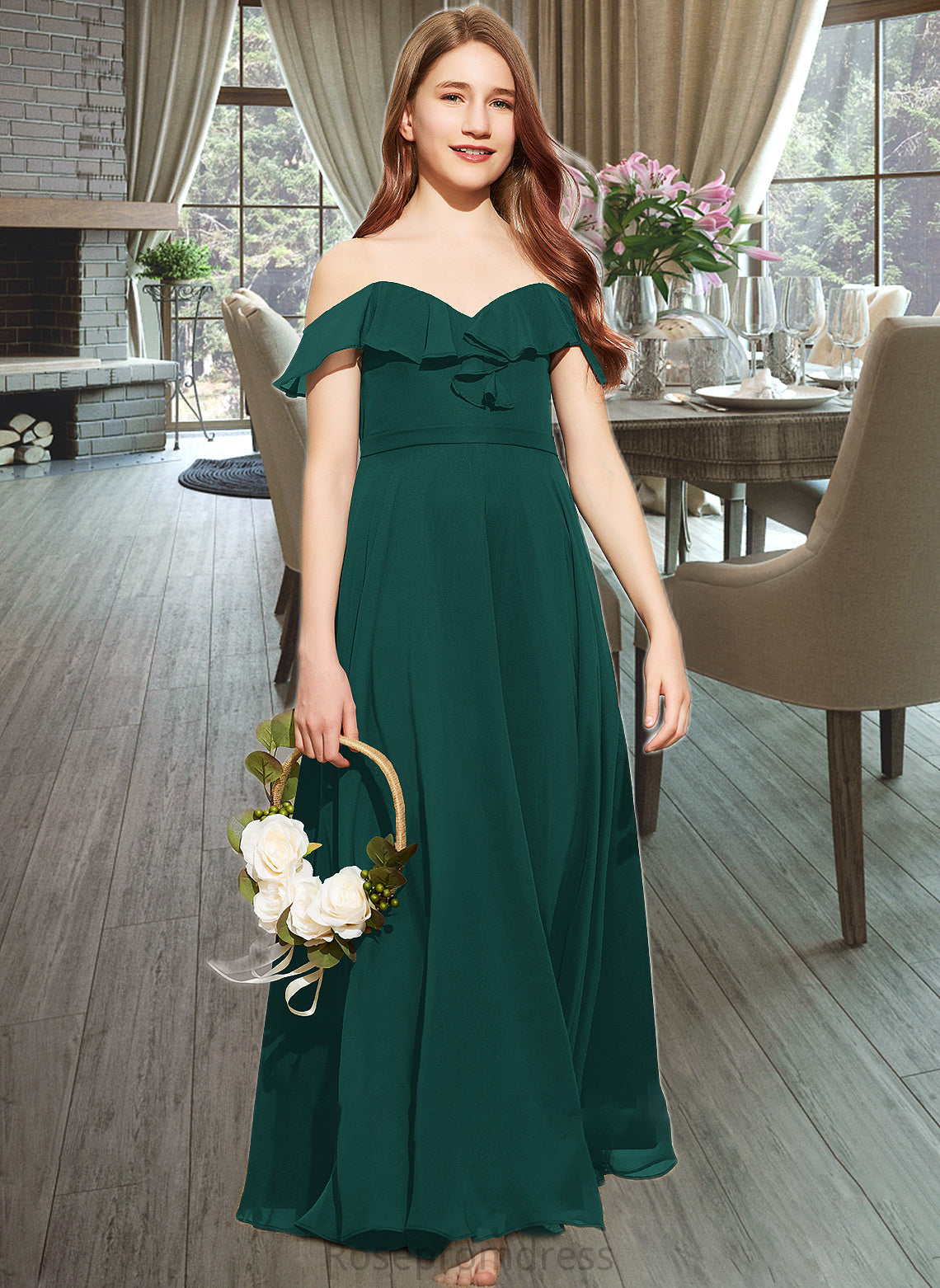 Millicent A-Line Off-the-Shoulder Floor-Length Chiffon Junior Bridesmaid Dress With Cascading Ruffles SRSP0013635