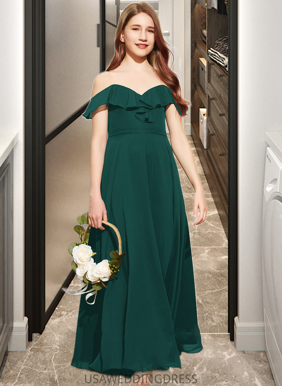 Bianca A-Line Off-the-Shoulder Floor-Length Chiffon Junior Bridesmaid Dress With Cascading Ruffles DSP0013635