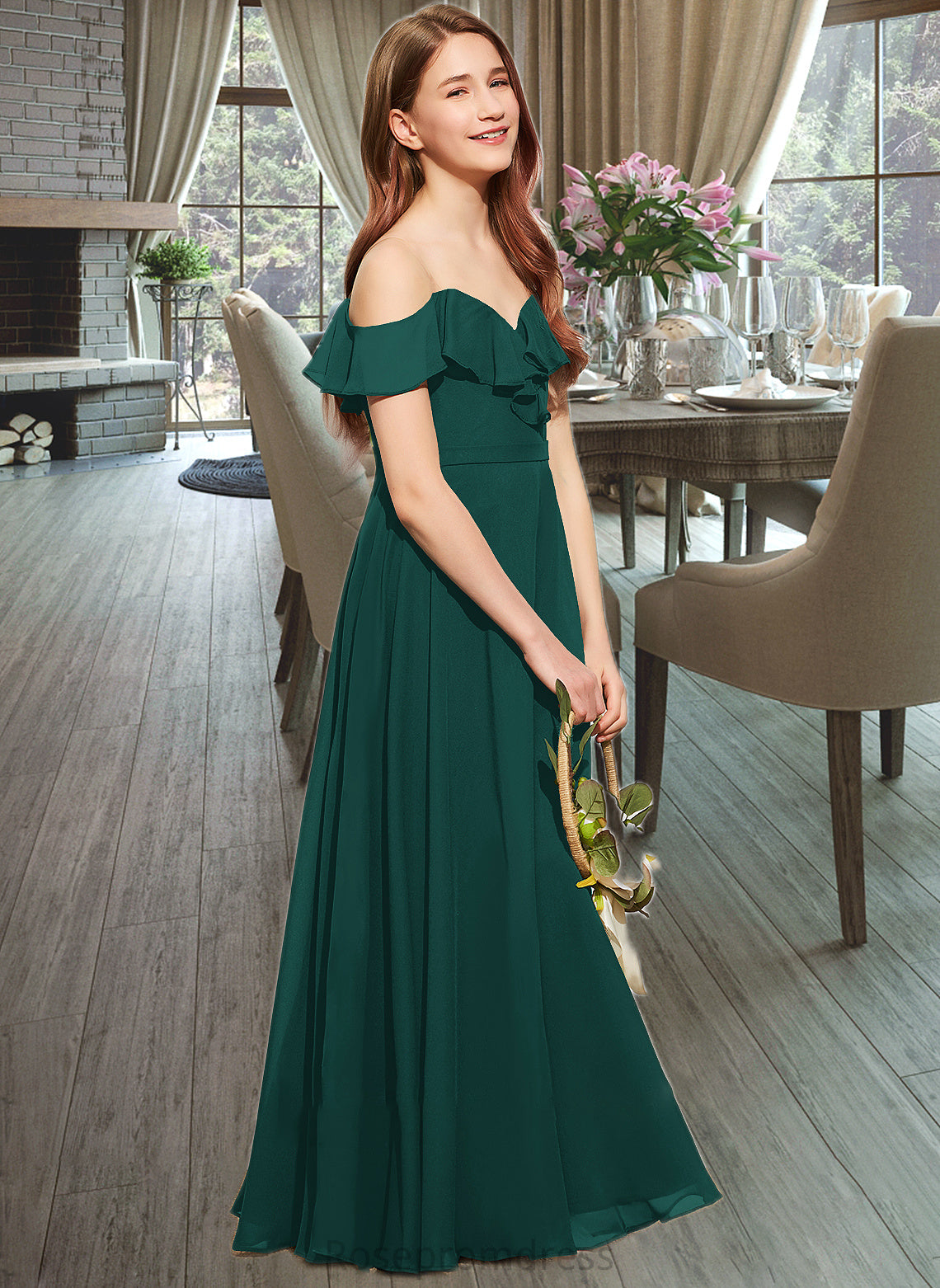 Millicent A-Line Off-the-Shoulder Floor-Length Chiffon Junior Bridesmaid Dress With Cascading Ruffles SRSP0013635