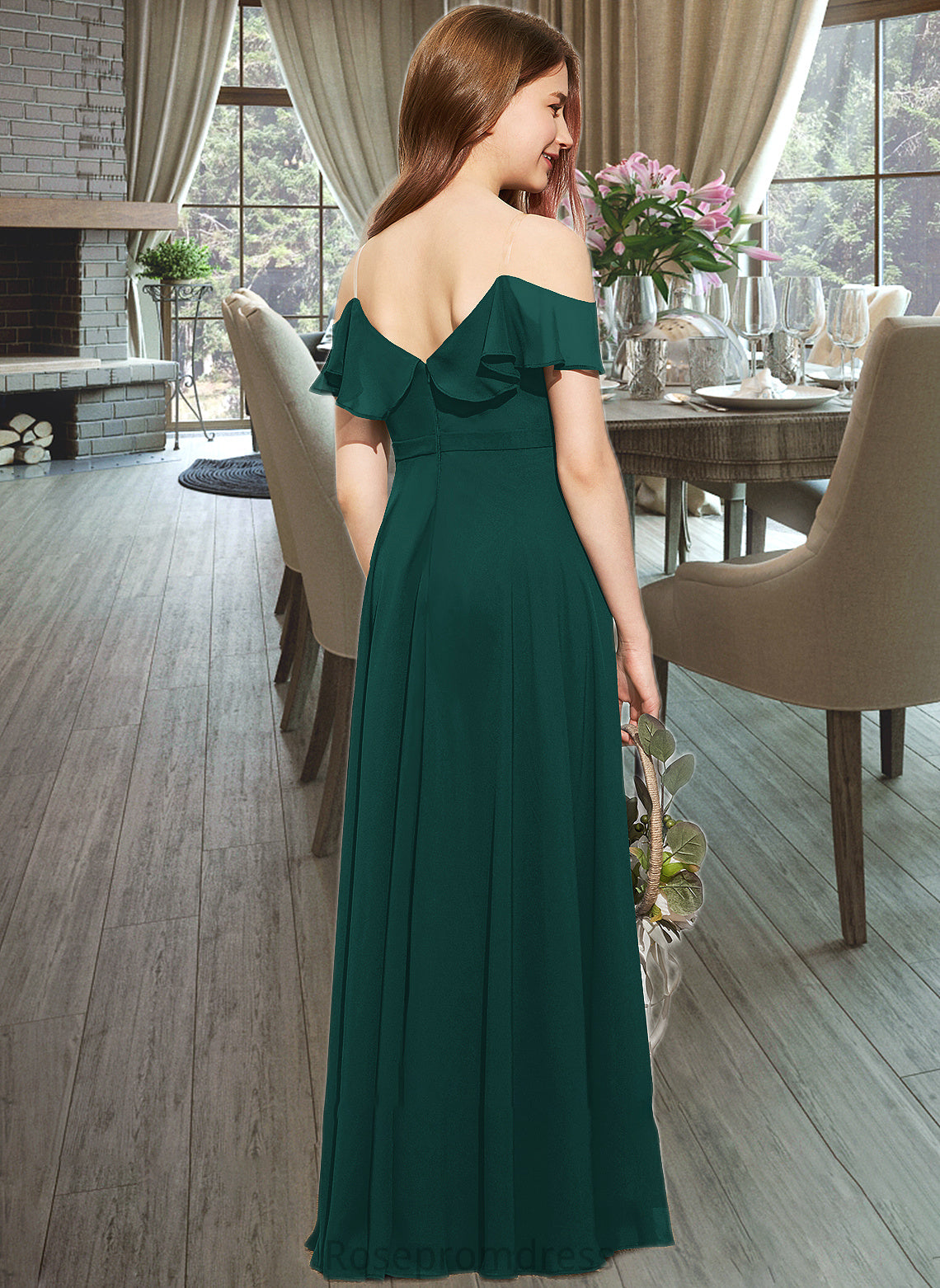 Millicent A-Line Off-the-Shoulder Floor-Length Chiffon Junior Bridesmaid Dress With Cascading Ruffles SRSP0013635