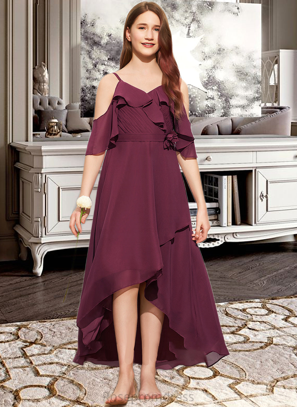 Adalyn A-Line Off-the-Shoulder Asymmetrical Chiffon Junior Bridesmaid Dress With Cascading Ruffles SRSP0013636