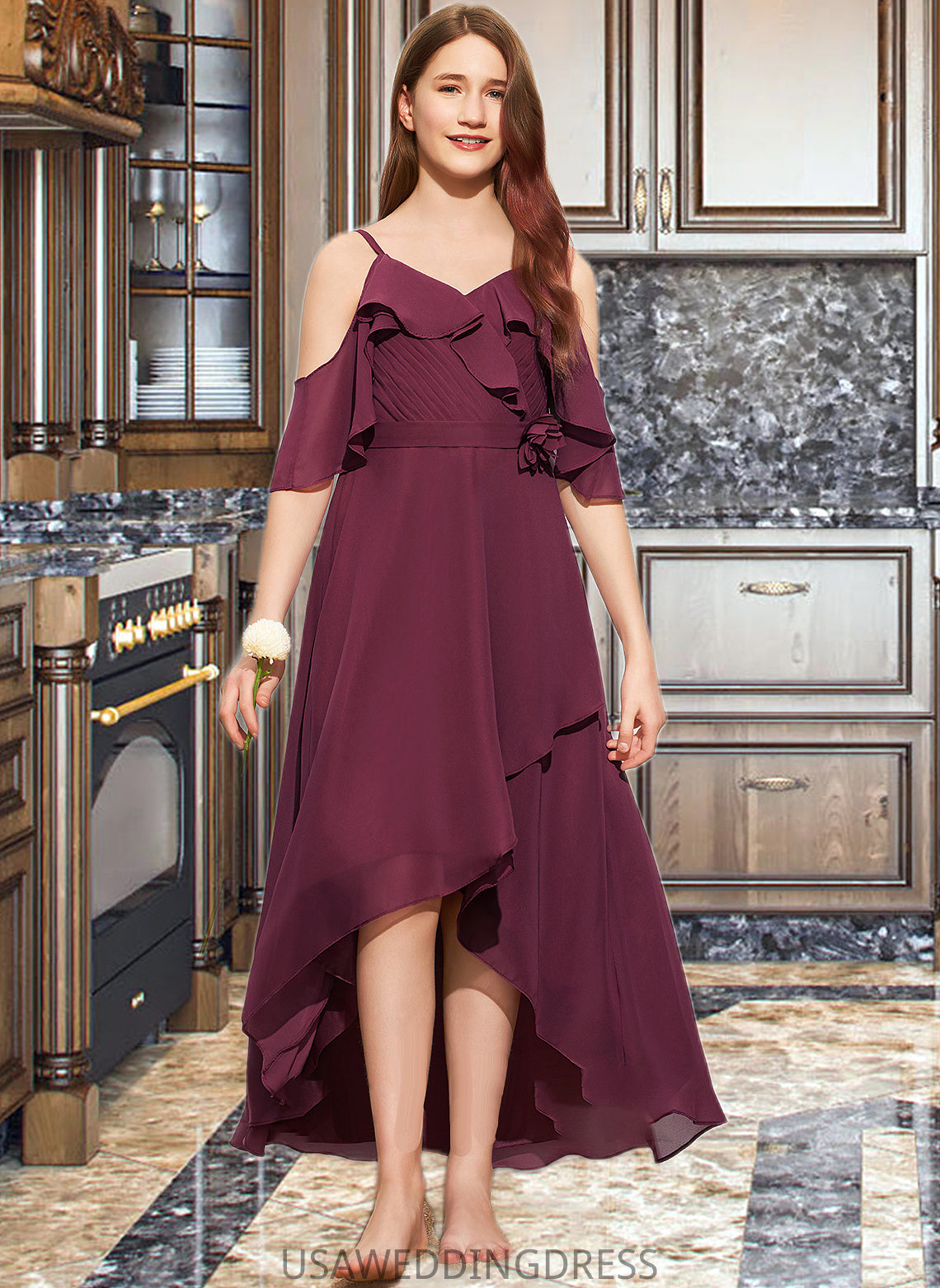 Viv A-Line Off-the-Shoulder Asymmetrical Chiffon Junior Bridesmaid Dress With Cascading Ruffles DSP0013636