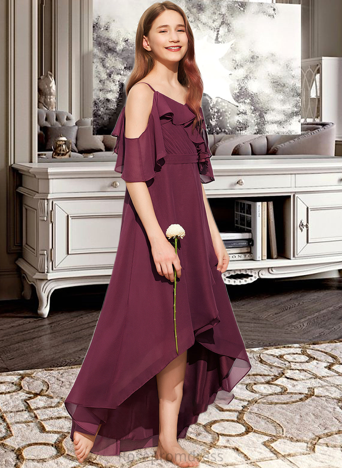 Adalyn A-Line Off-the-Shoulder Asymmetrical Chiffon Junior Bridesmaid Dress With Cascading Ruffles SRSP0013636