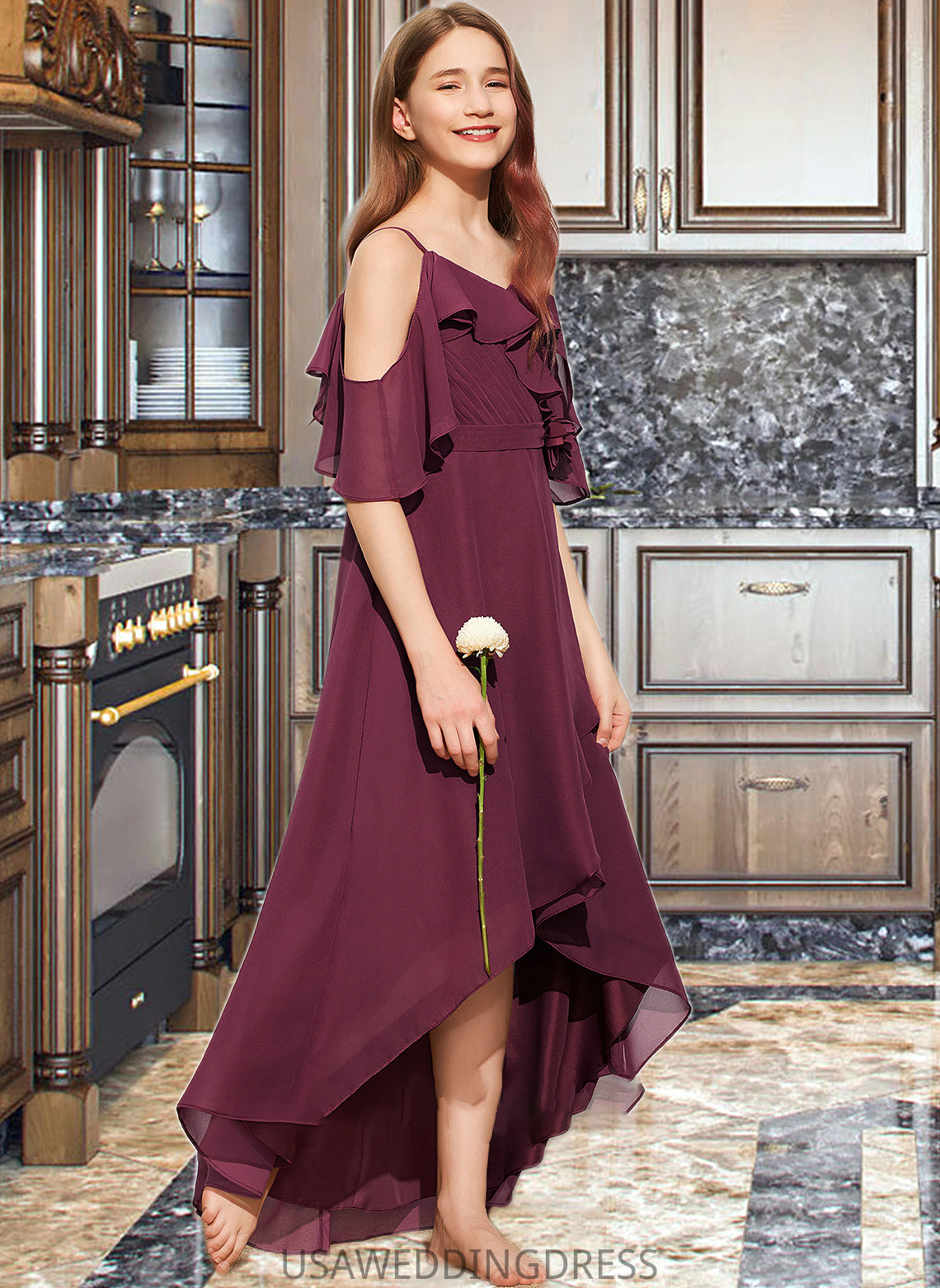 Viv A-Line Off-the-Shoulder Asymmetrical Chiffon Junior Bridesmaid Dress With Cascading Ruffles DSP0013636