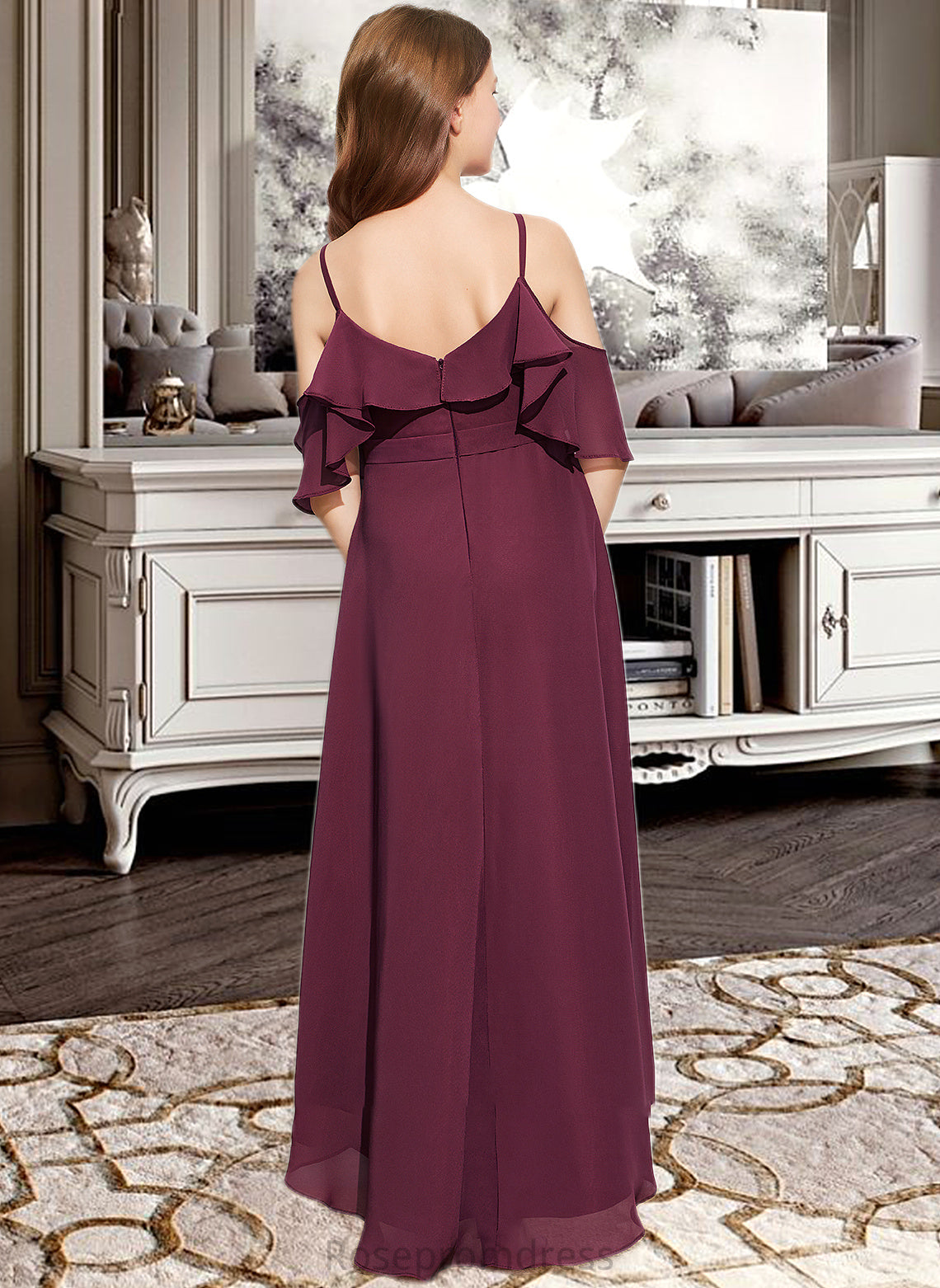 Adalyn A-Line Off-the-Shoulder Asymmetrical Chiffon Junior Bridesmaid Dress With Cascading Ruffles SRSP0013636