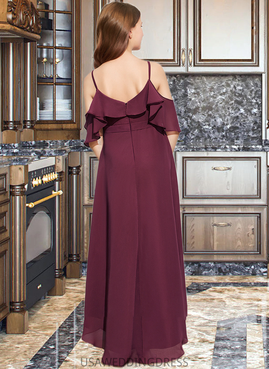 Viv A-Line Off-the-Shoulder Asymmetrical Chiffon Junior Bridesmaid Dress With Cascading Ruffles DSP0013636