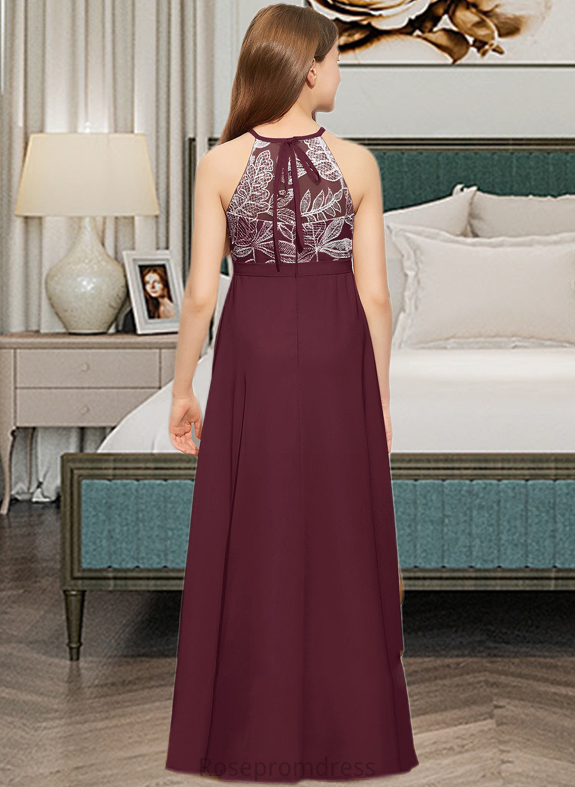 Joanne A-Line Scoop Neck Floor-Length Chiffon Lace Junior Bridesmaid Dress With Bow(s) SRSP0013637