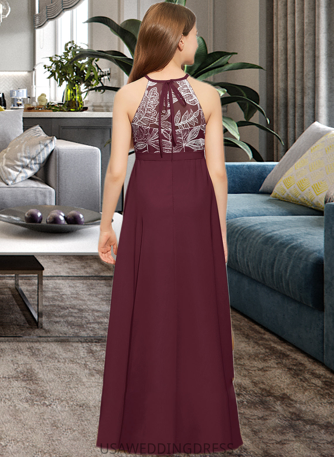 Cailyn A-Line Scoop Neck Floor-Length Chiffon Lace Junior Bridesmaid Dress With Bow(s) DSP0013637