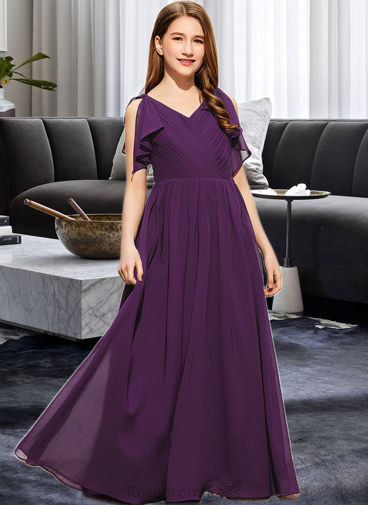 Mollie A-Line V-neck Floor-Length Chiffon Junior Bridesmaid Dress With Bow(s) Cascading Ruffles SRSP0013639