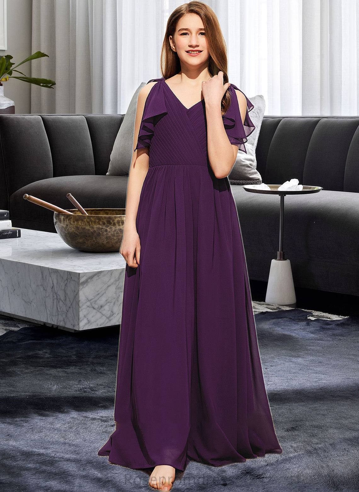 Mollie A-Line V-neck Floor-Length Chiffon Junior Bridesmaid Dress With Bow(s) Cascading Ruffles SRSP0013639