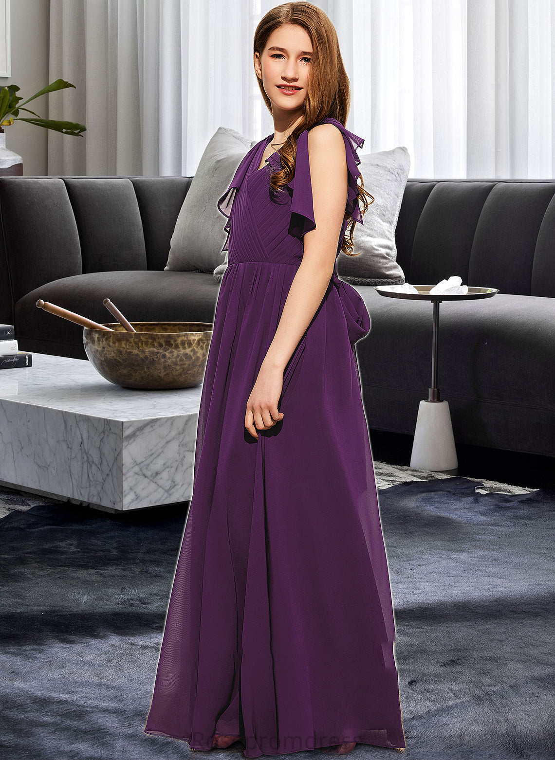 Mollie A-Line V-neck Floor-Length Chiffon Junior Bridesmaid Dress With Bow(s) Cascading Ruffles SRSP0013639