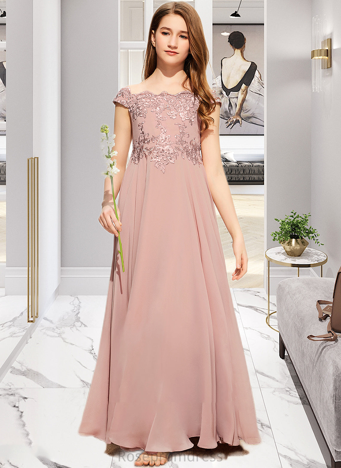 Aniyah A-Line Off-the-Shoulder Floor-Length Chiffon Lace Junior Bridesmaid Dress SRSP0013640