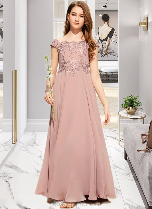 Aniyah A-Line Off-the-Shoulder Floor-Length Chiffon Lace Junior Bridesmaid Dress SRSP0013640