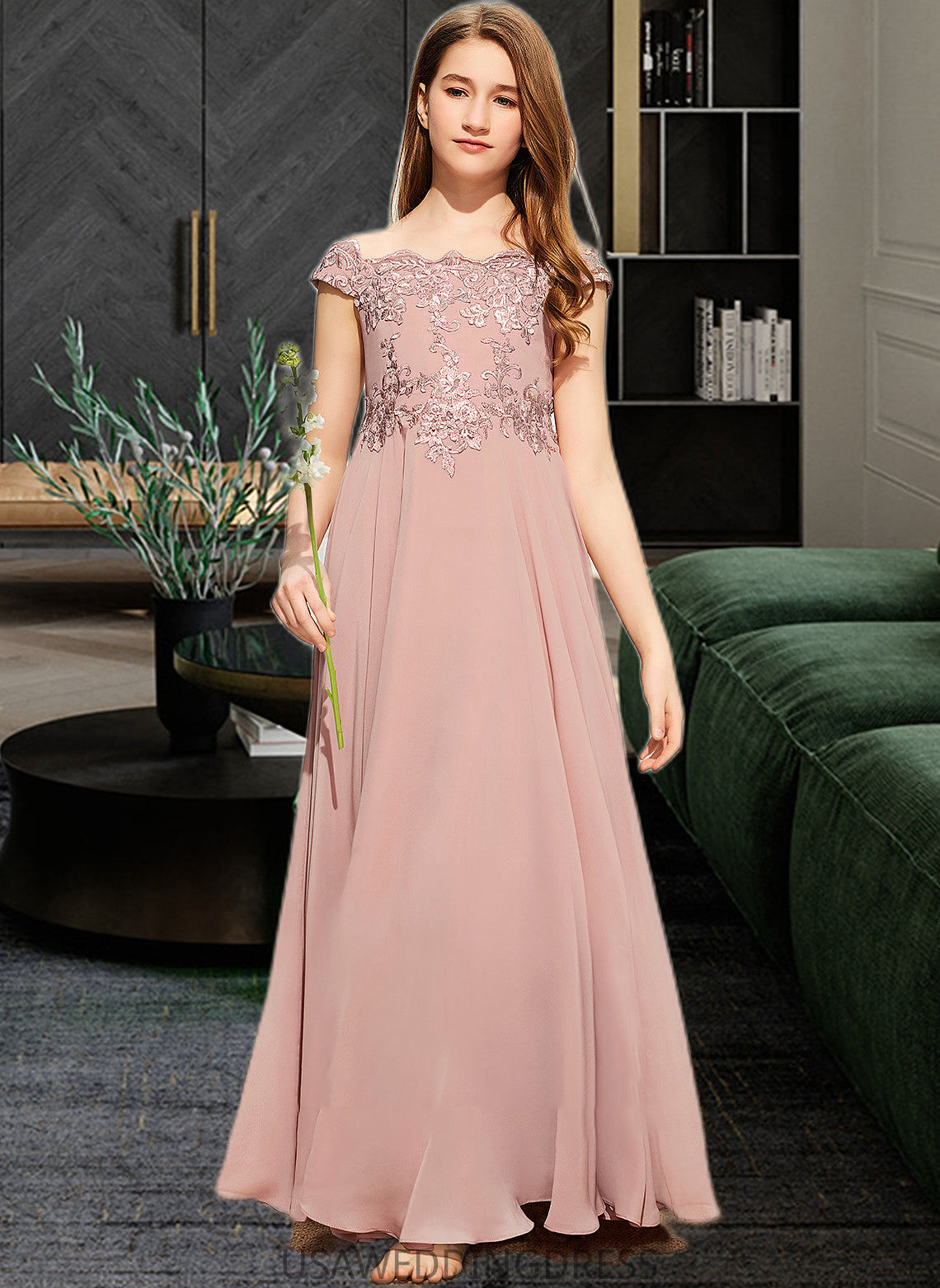 Taylor A-Line Off-the-Shoulder Floor-Length Chiffon Lace Junior Bridesmaid Dress DSP0013640