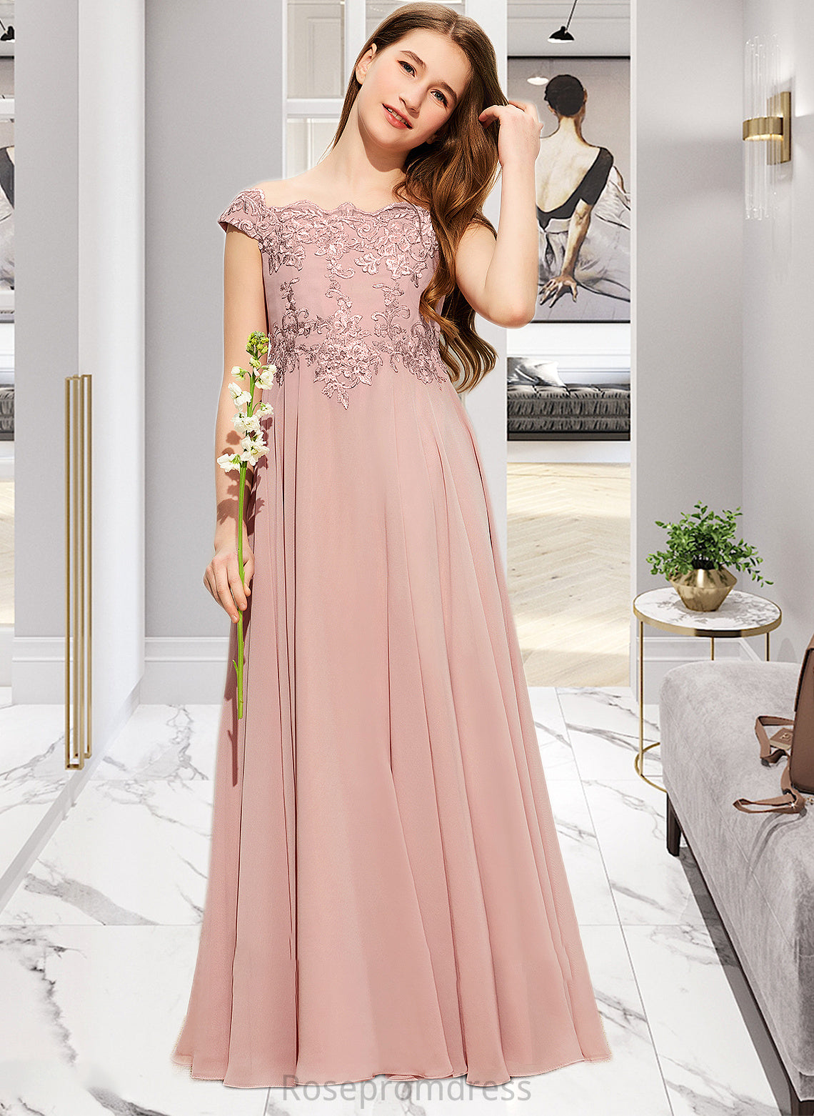 Aniyah A-Line Off-the-Shoulder Floor-Length Chiffon Lace Junior Bridesmaid Dress SRSP0013640