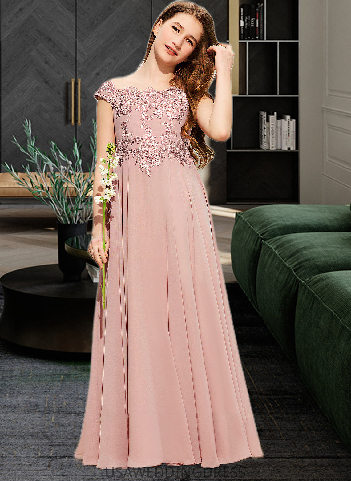 Taylor A-Line Off-the-Shoulder Floor-Length Chiffon Lace Junior Bridesmaid Dress DSP0013640