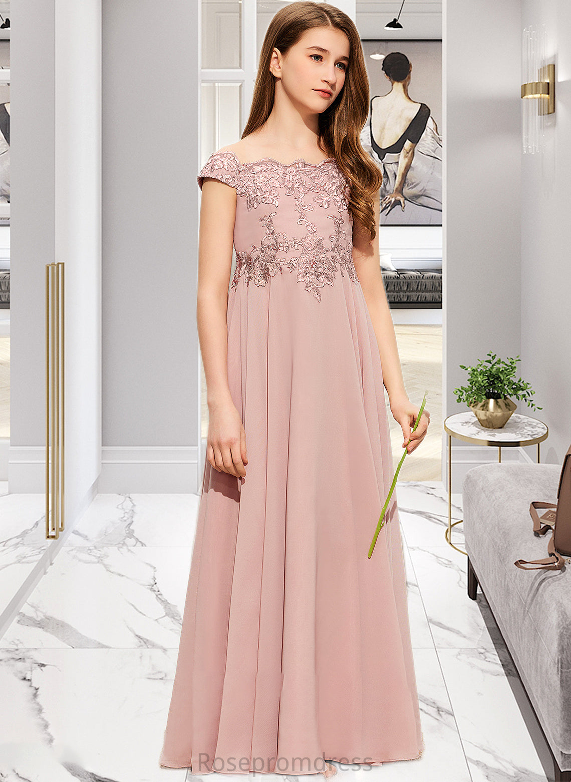 Aniyah A-Line Off-the-Shoulder Floor-Length Chiffon Lace Junior Bridesmaid Dress SRSP0013640