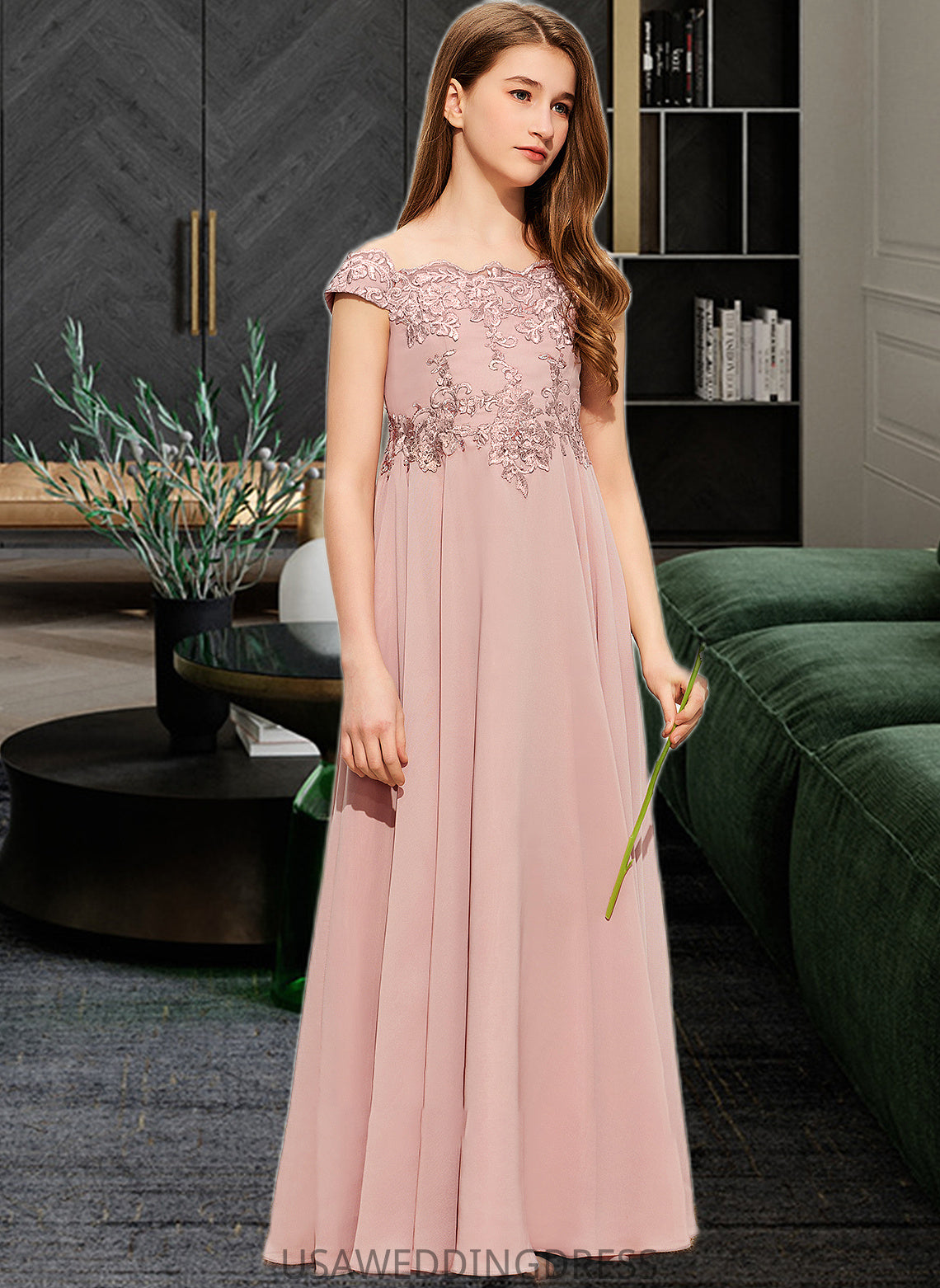 Taylor A-Line Off-the-Shoulder Floor-Length Chiffon Lace Junior Bridesmaid Dress DSP0013640