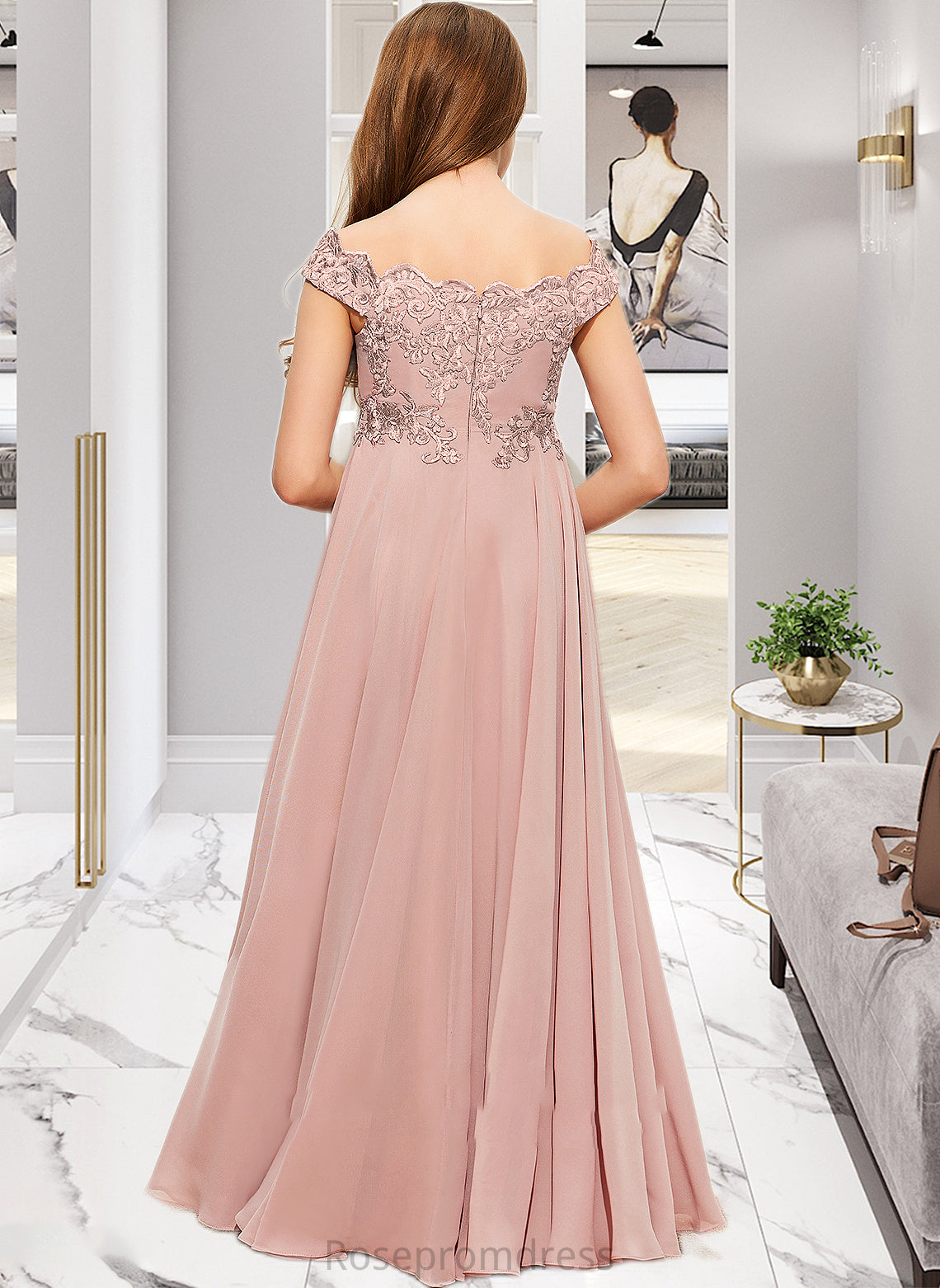 Aniyah A-Line Off-the-Shoulder Floor-Length Chiffon Lace Junior Bridesmaid Dress SRSP0013640