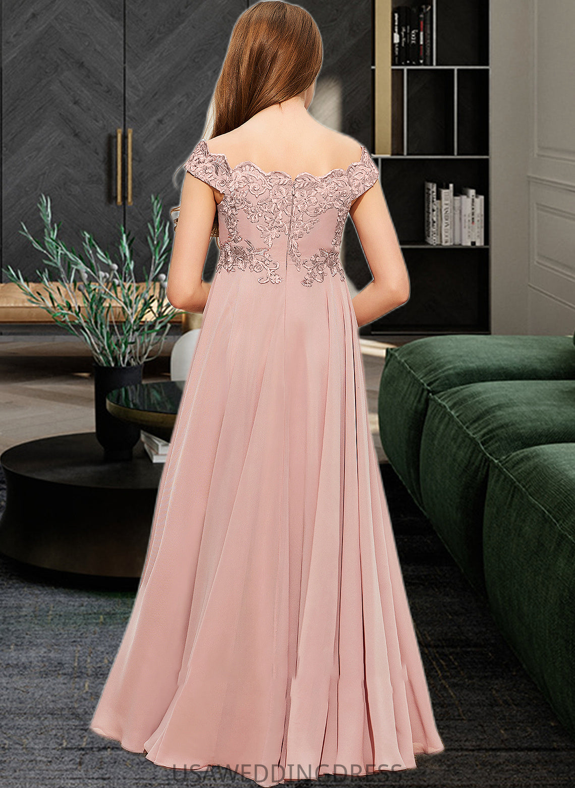 Taylor A-Line Off-the-Shoulder Floor-Length Chiffon Lace Junior Bridesmaid Dress DSP0013640