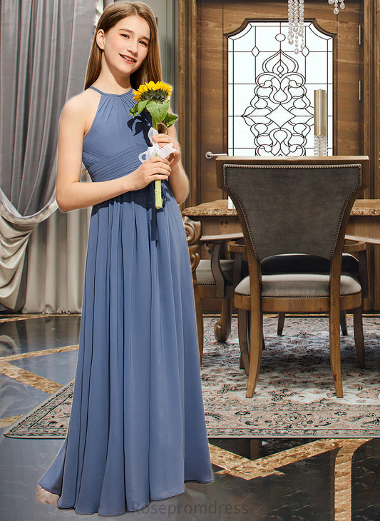 Hannah A-Line Scoop Neck Floor-Length Chiffon Junior Bridesmaid Dress With Ruffle SRSP0013641