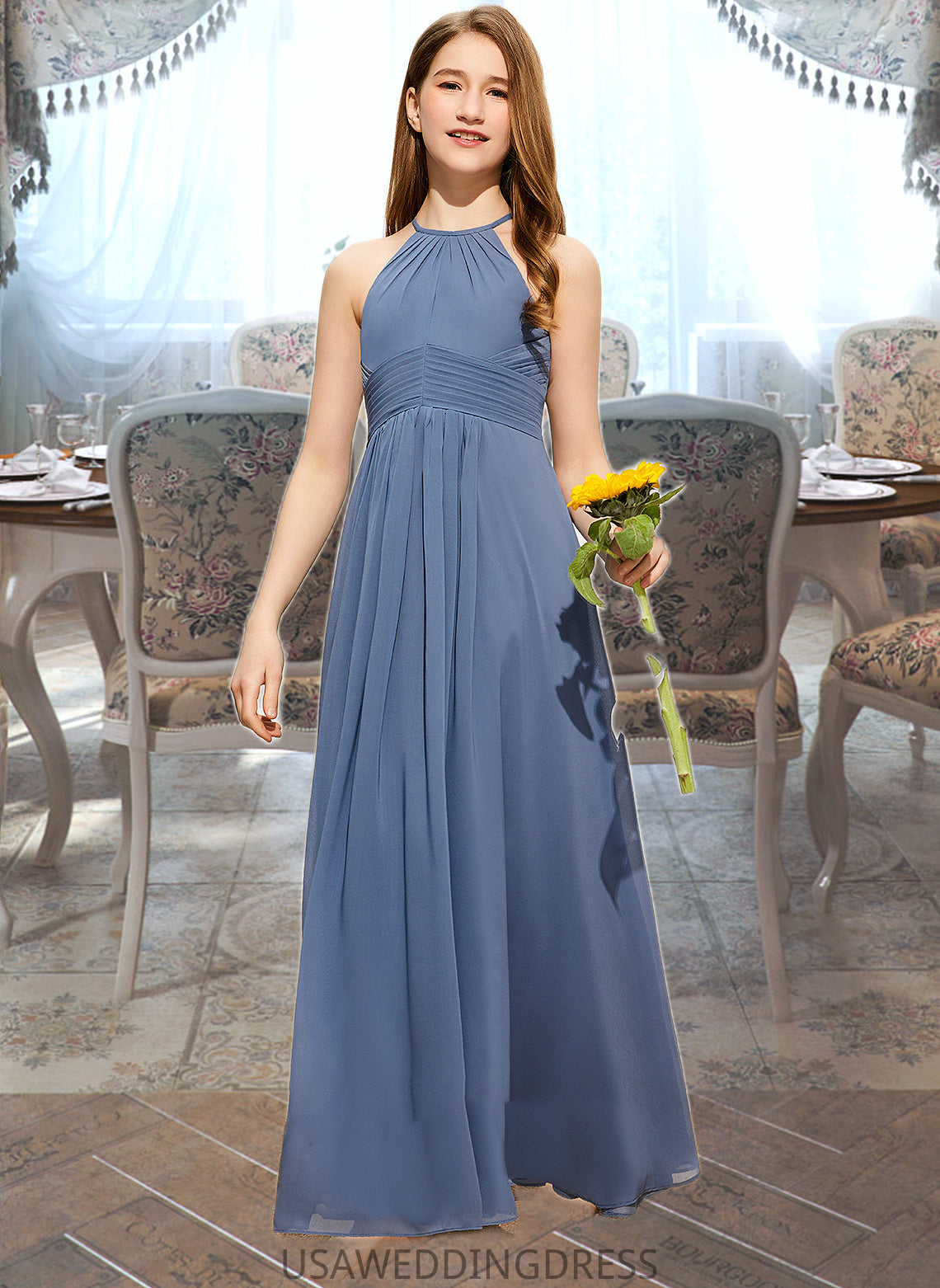 Germaine A-Line Scoop Neck Floor-Length Chiffon Junior Bridesmaid Dress With Ruffle DSP0013641