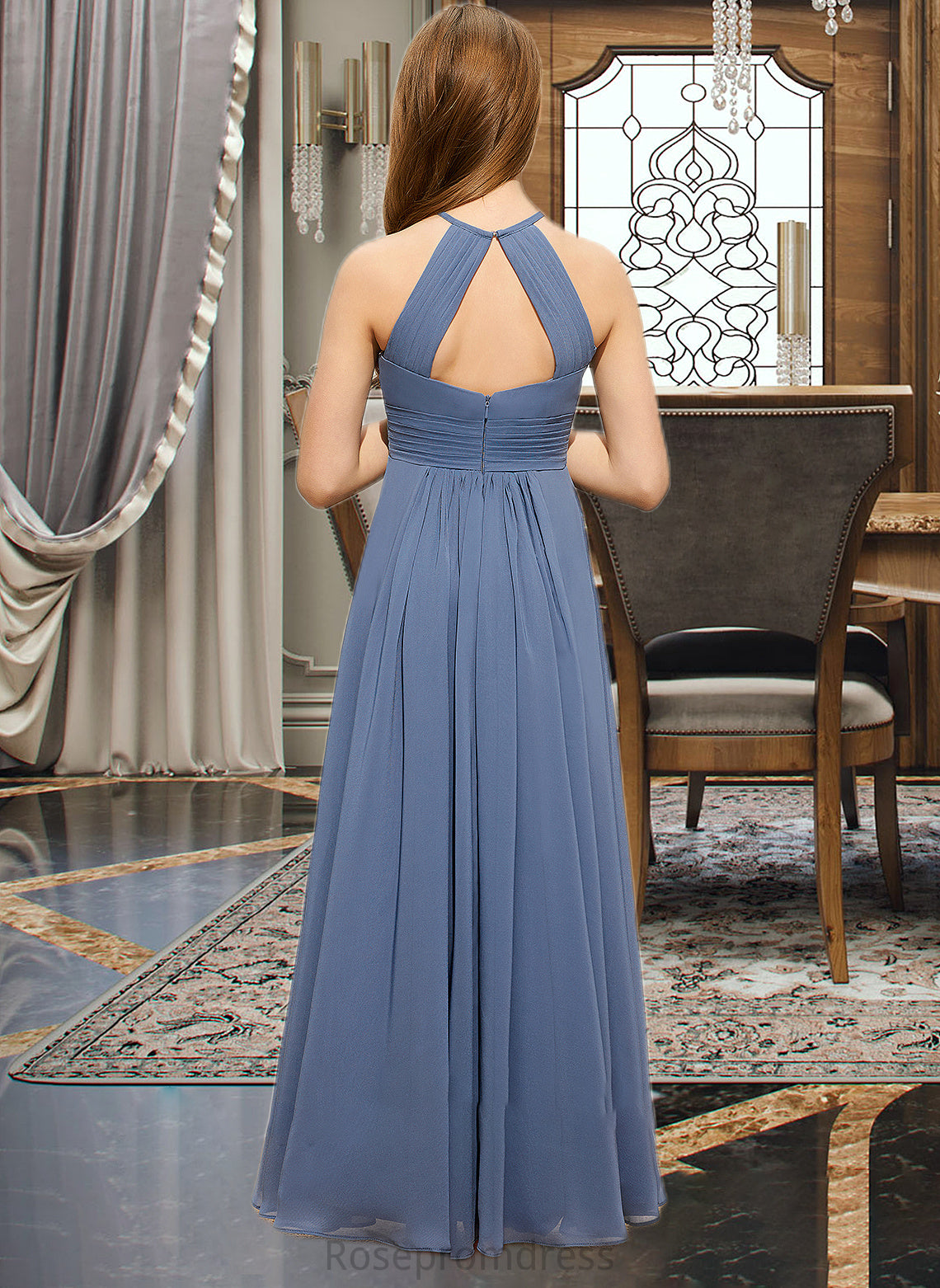 Hannah A-Line Scoop Neck Floor-Length Chiffon Junior Bridesmaid Dress With Ruffle SRSP0013641