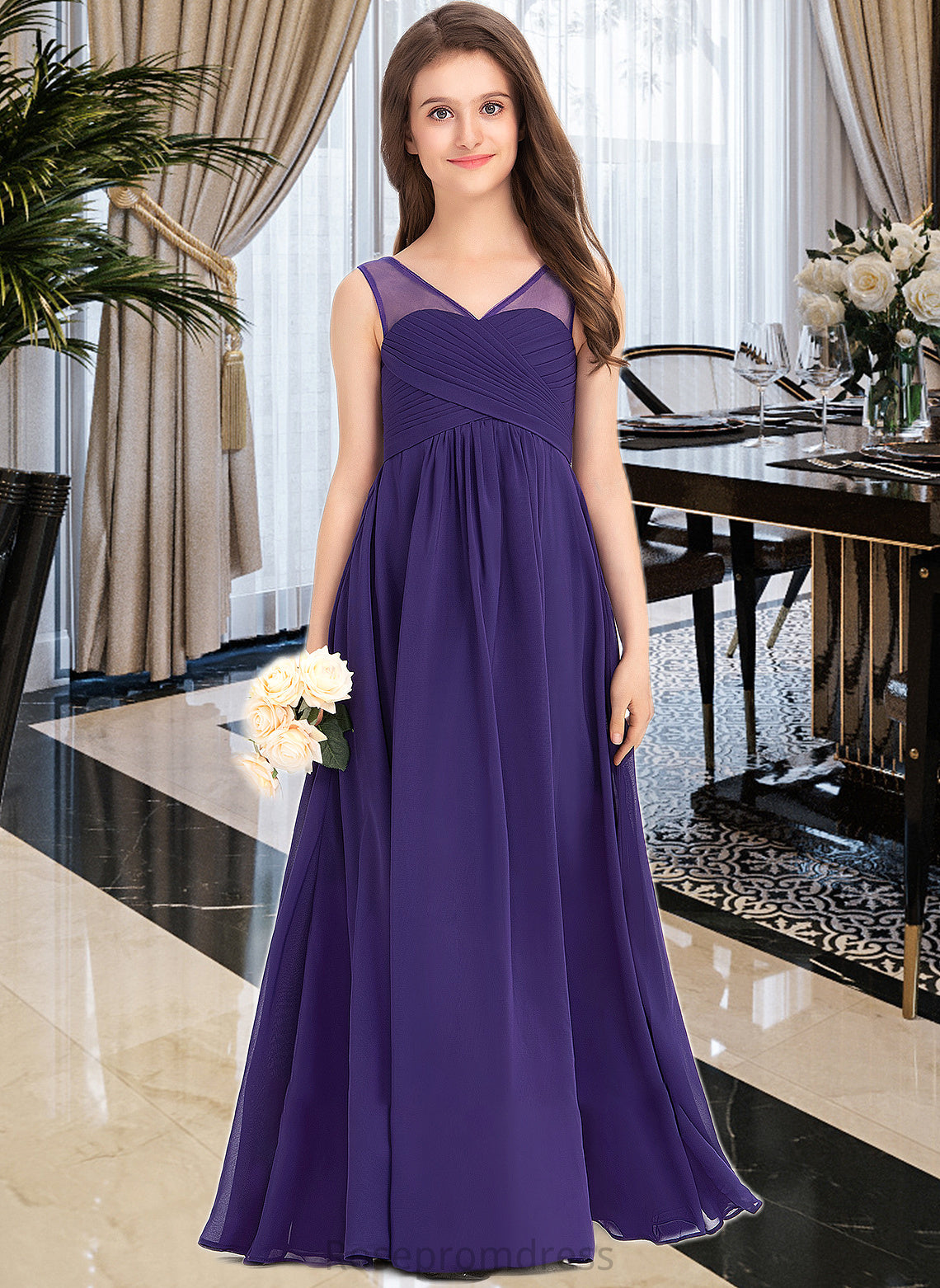 Lois A-Line V-neck Floor-Length Chiffon Junior Bridesmaid Dress With Ruffle SRSP0013642