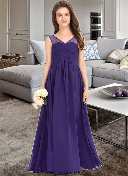 Carly A-Line V-neck Floor-Length Chiffon Junior Bridesmaid Dress With Ruffle DSP0013642