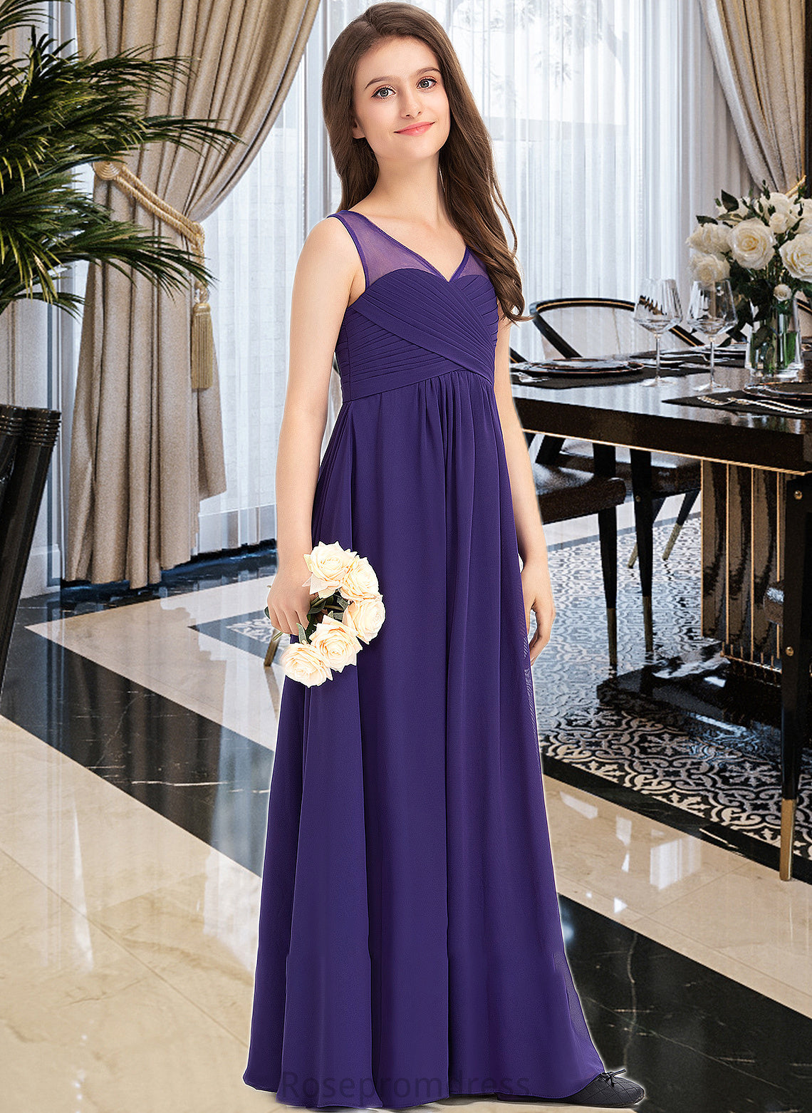 Lois A-Line V-neck Floor-Length Chiffon Junior Bridesmaid Dress With Ruffle SRSP0013642