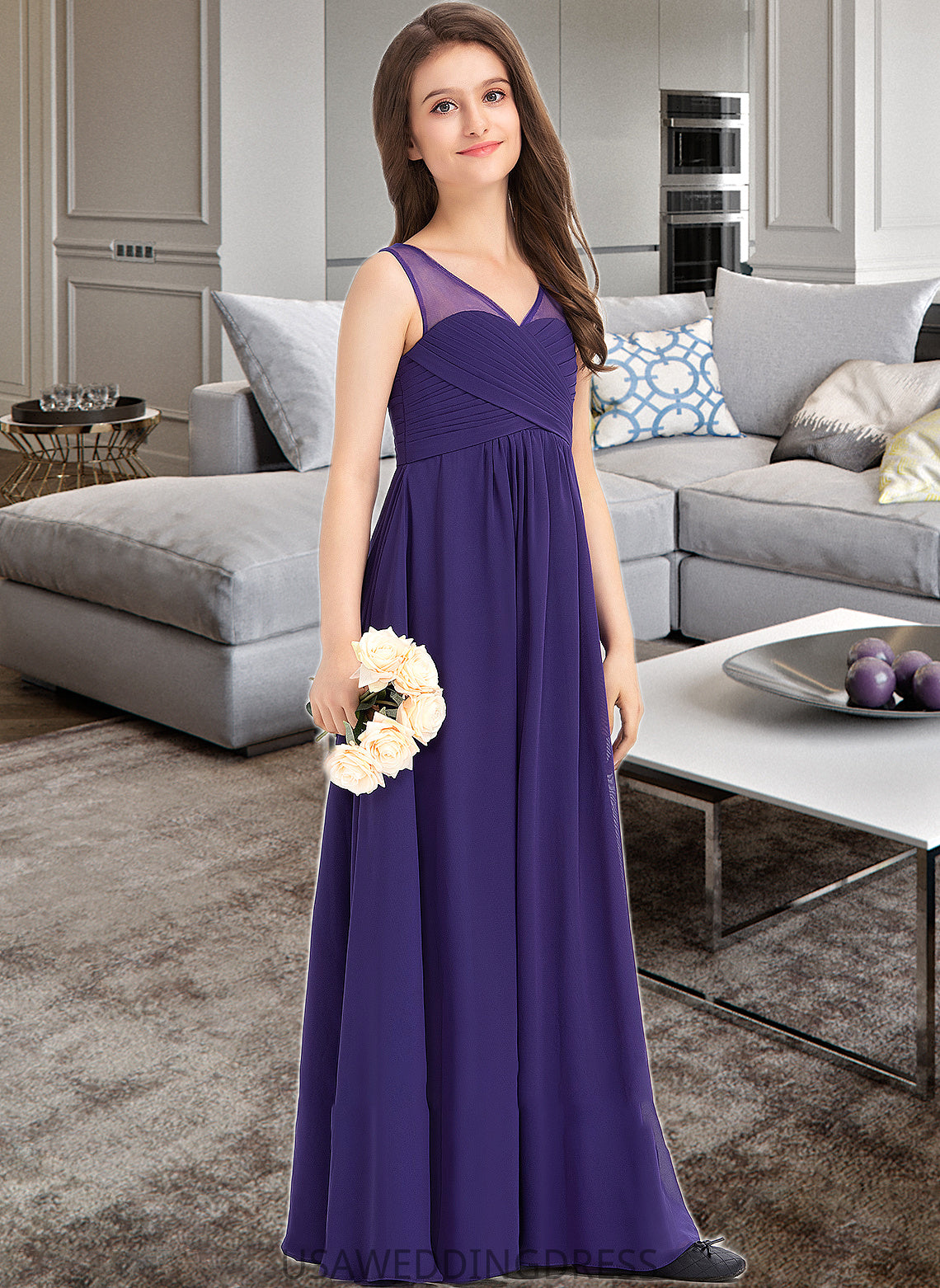 Carly A-Line V-neck Floor-Length Chiffon Junior Bridesmaid Dress With Ruffle DSP0013642