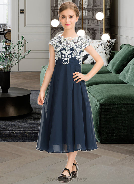 Roberta A-Line Scoop Neck Tea-Length Chiffon Lace Junior Bridesmaid Dress SRSP0013643