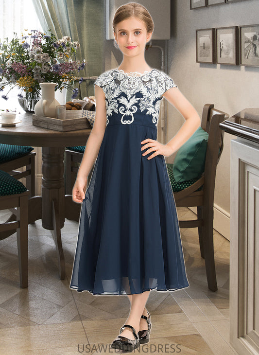 Aubree A-Line Scoop Neck Tea-Length Chiffon Lace Junior Bridesmaid Dress DSP0013643