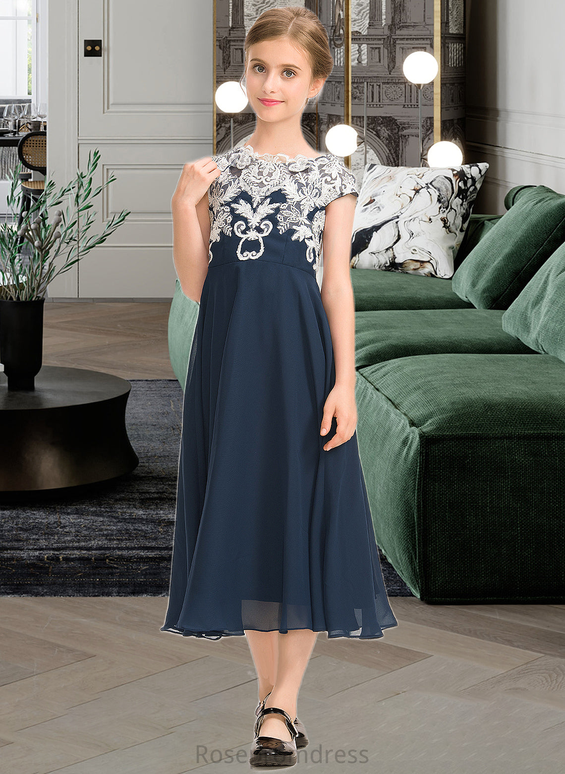 Roberta A-Line Scoop Neck Tea-Length Chiffon Lace Junior Bridesmaid Dress SRSP0013643