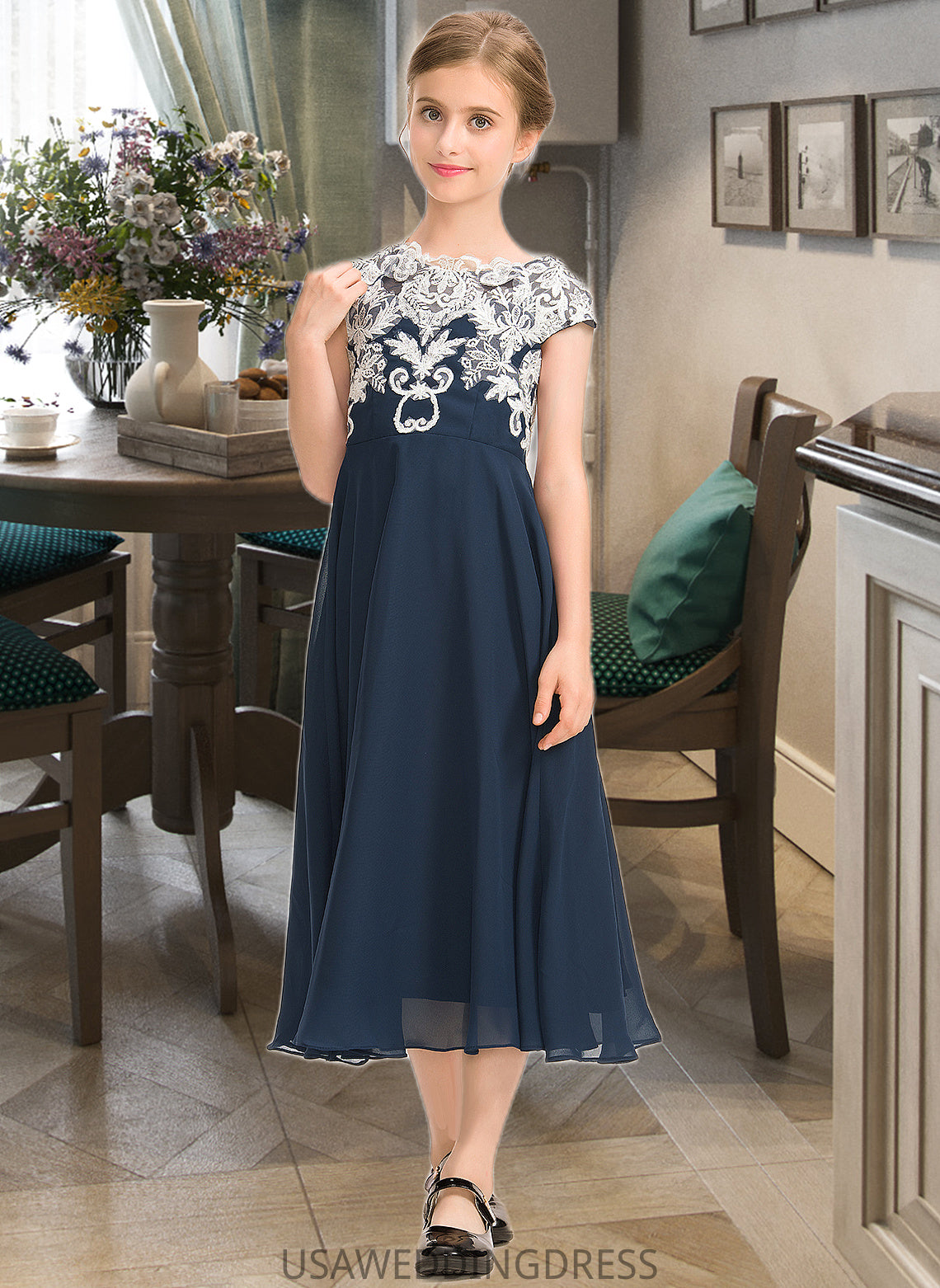 Aubree A-Line Scoop Neck Tea-Length Chiffon Lace Junior Bridesmaid Dress DSP0013643