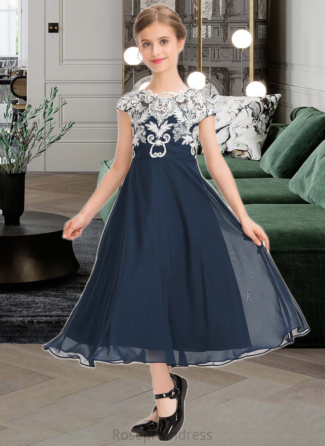 Roberta A-Line Scoop Neck Tea-Length Chiffon Lace Junior Bridesmaid Dress SRSP0013643