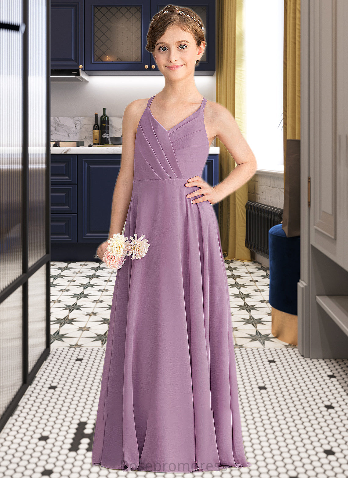 Adyson A-Line V-neck Floor-Length Chiffon Junior Bridesmaid Dress With Cascading Ruffles SRSP0013644