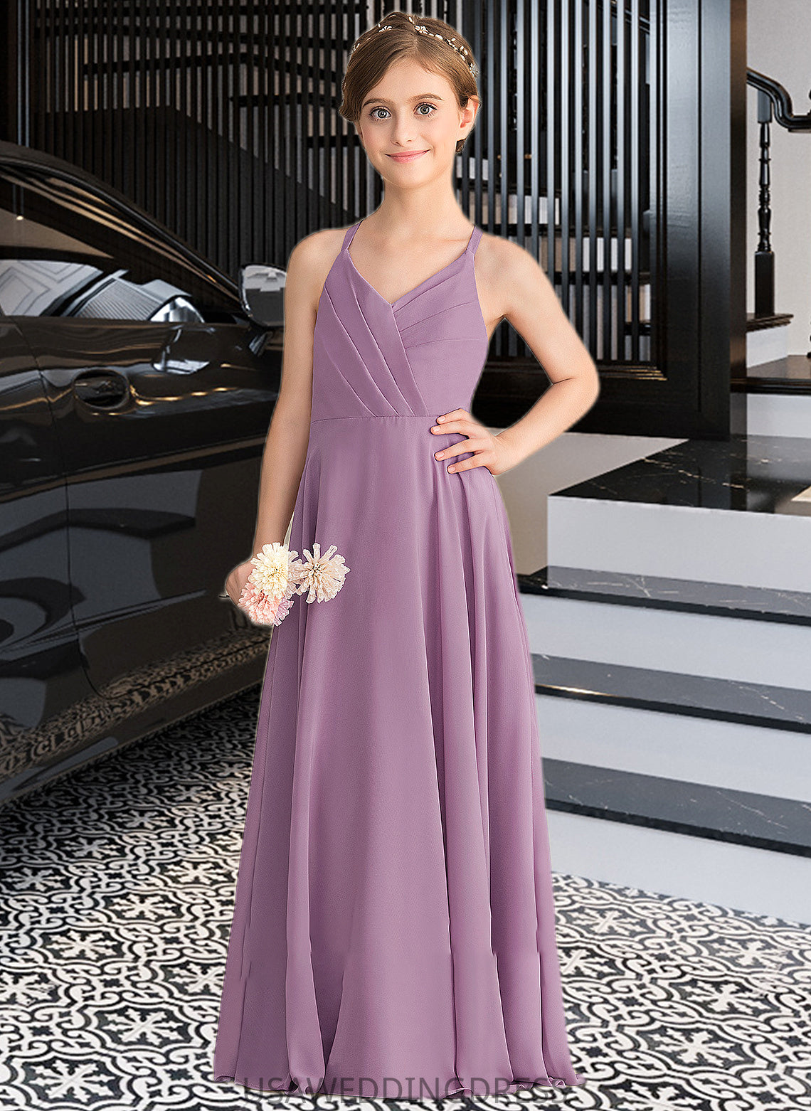 Savanna A-Line V-neck Floor-Length Chiffon Junior Bridesmaid Dress With Cascading Ruffles DSP0013644