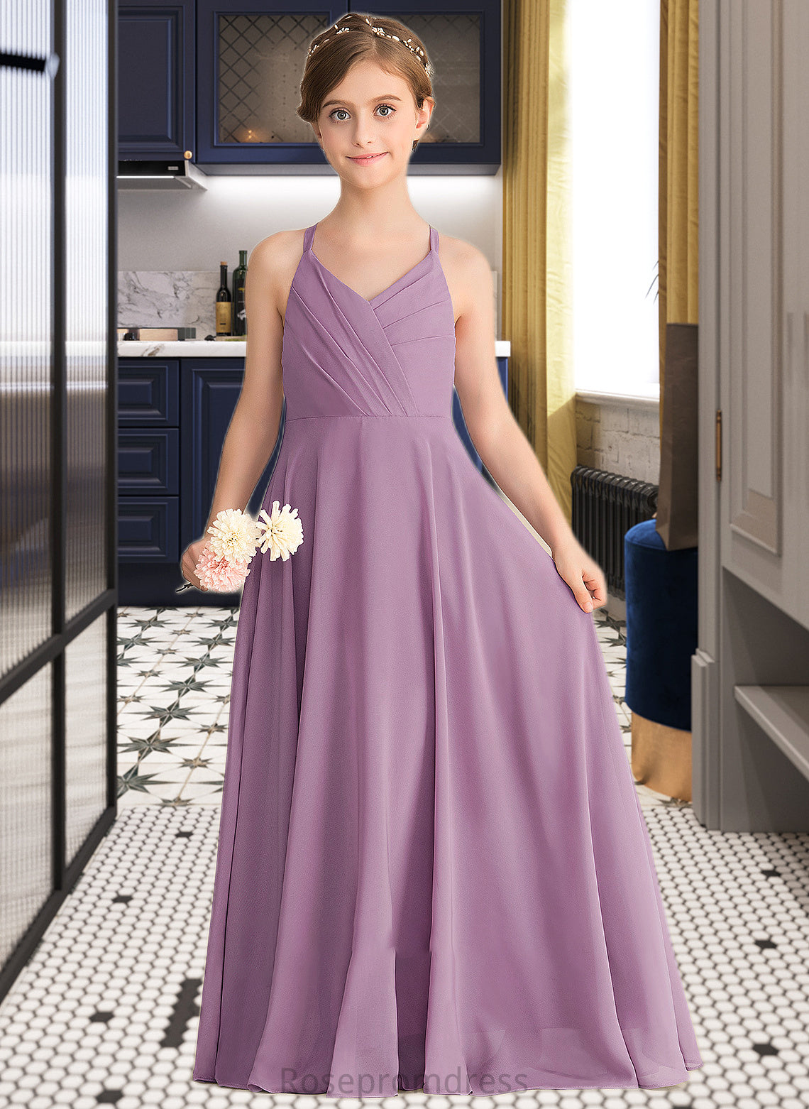 Adyson A-Line V-neck Floor-Length Chiffon Junior Bridesmaid Dress With Cascading Ruffles SRSP0013644