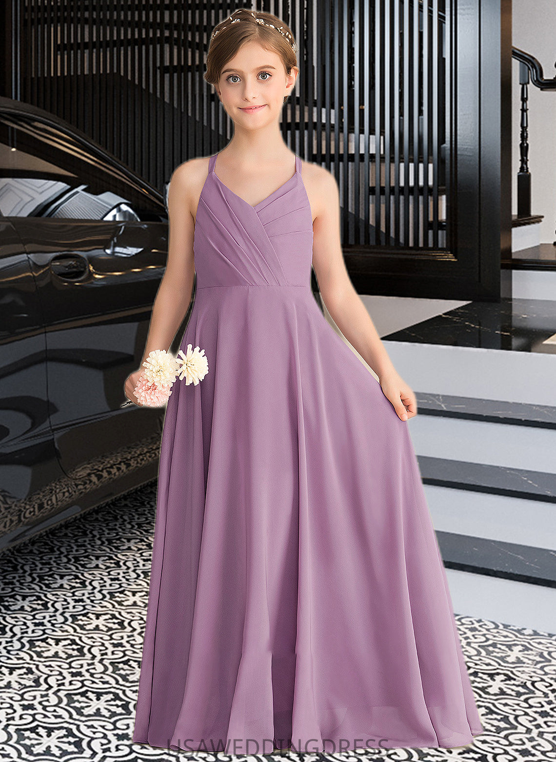 Savanna A-Line V-neck Floor-Length Chiffon Junior Bridesmaid Dress With Cascading Ruffles DSP0013644