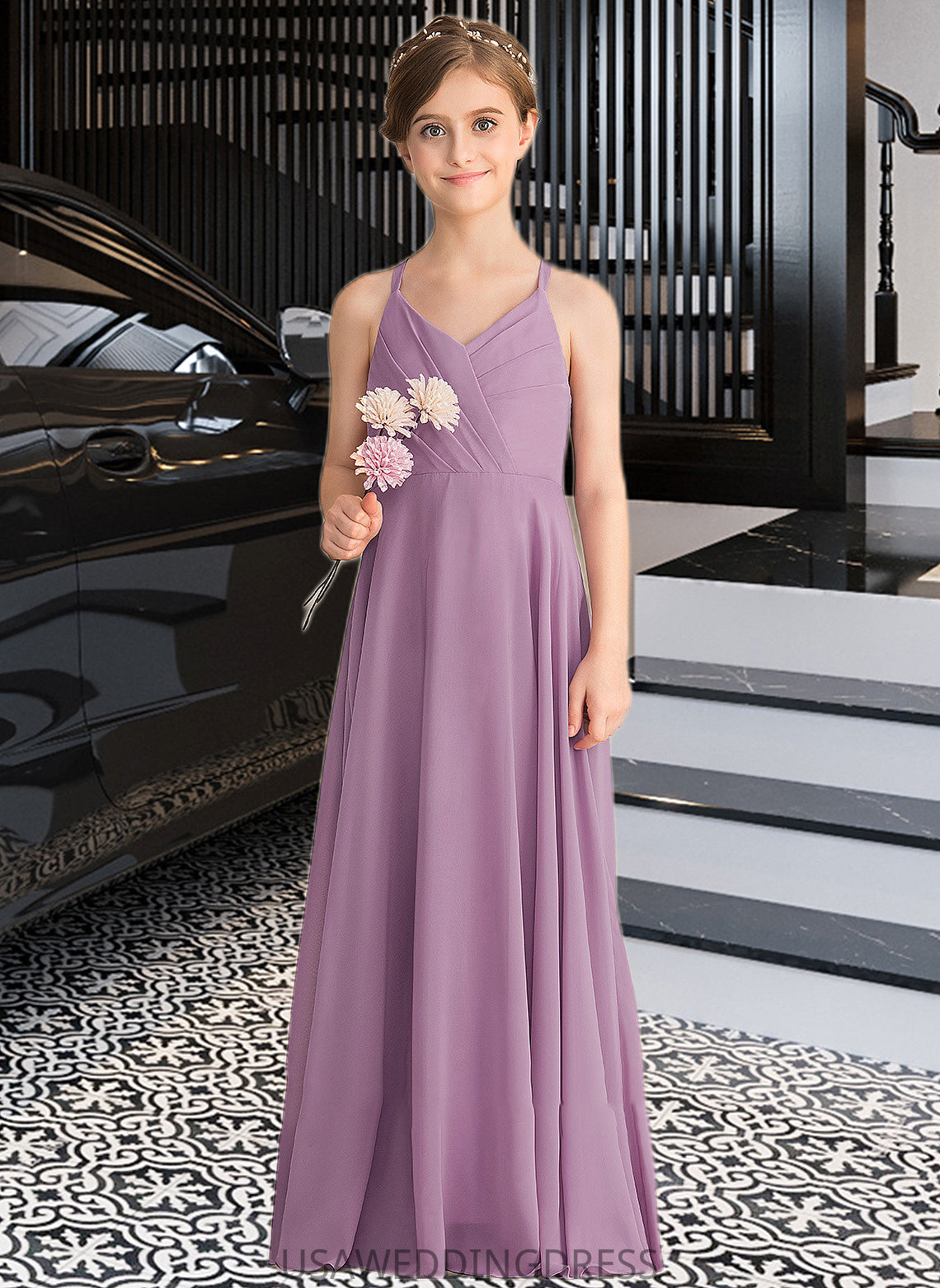 Savanna A-Line V-neck Floor-Length Chiffon Junior Bridesmaid Dress With Cascading Ruffles DSP0013644