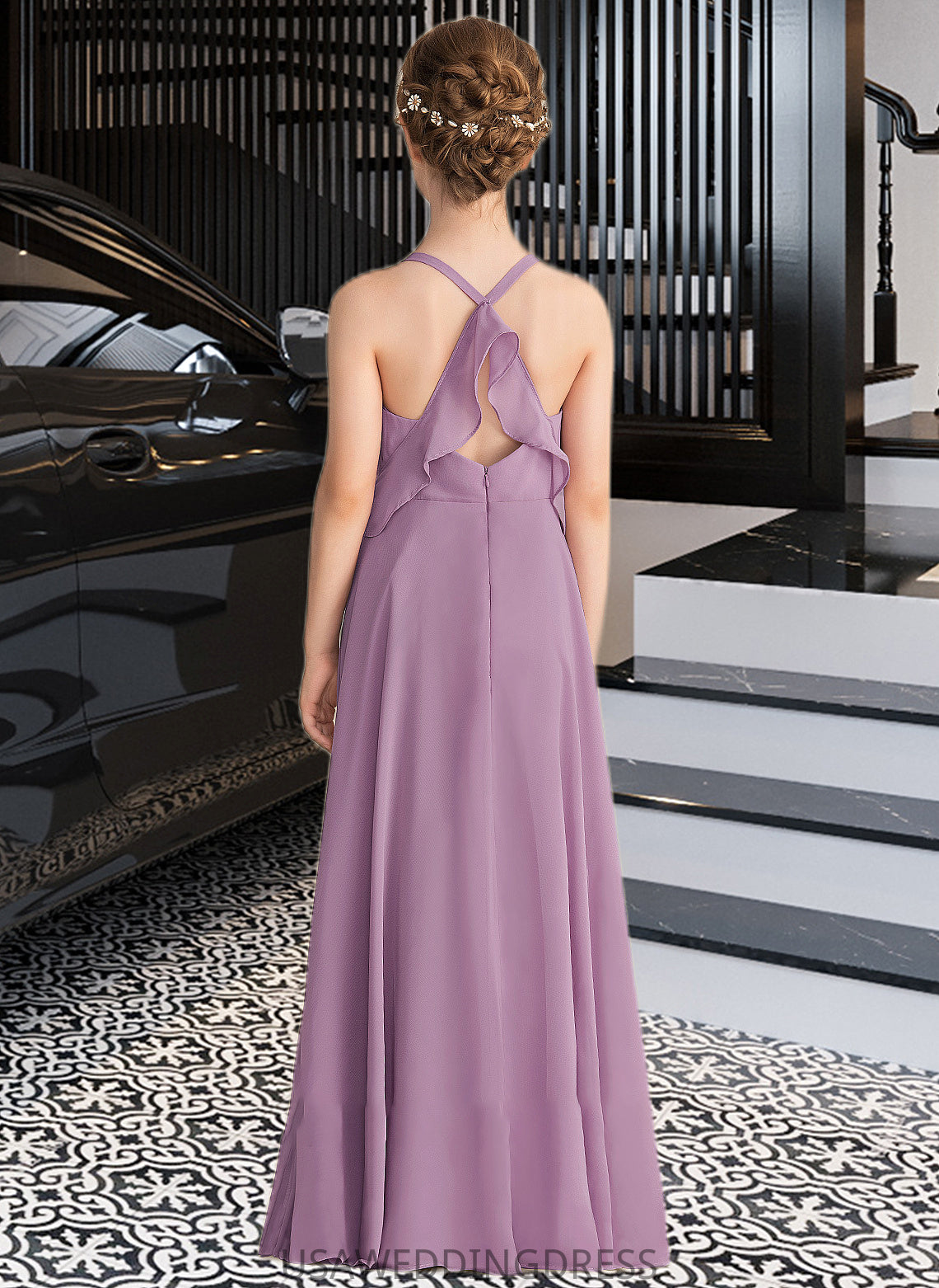 Savanna A-Line V-neck Floor-Length Chiffon Junior Bridesmaid Dress With Cascading Ruffles DSP0013644