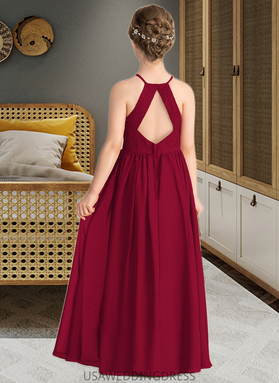 Kimora A-Line Scoop Neck Floor-Length Chiffon Lace Junior Bridesmaid Dress With Split Front DSP0013645