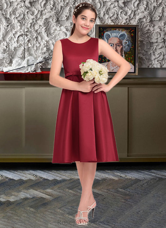 Henrietta A-Line Scoop Neck Knee-Length Satin Junior Bridesmaid Dress With Lace Bow(s) SRSP0013646