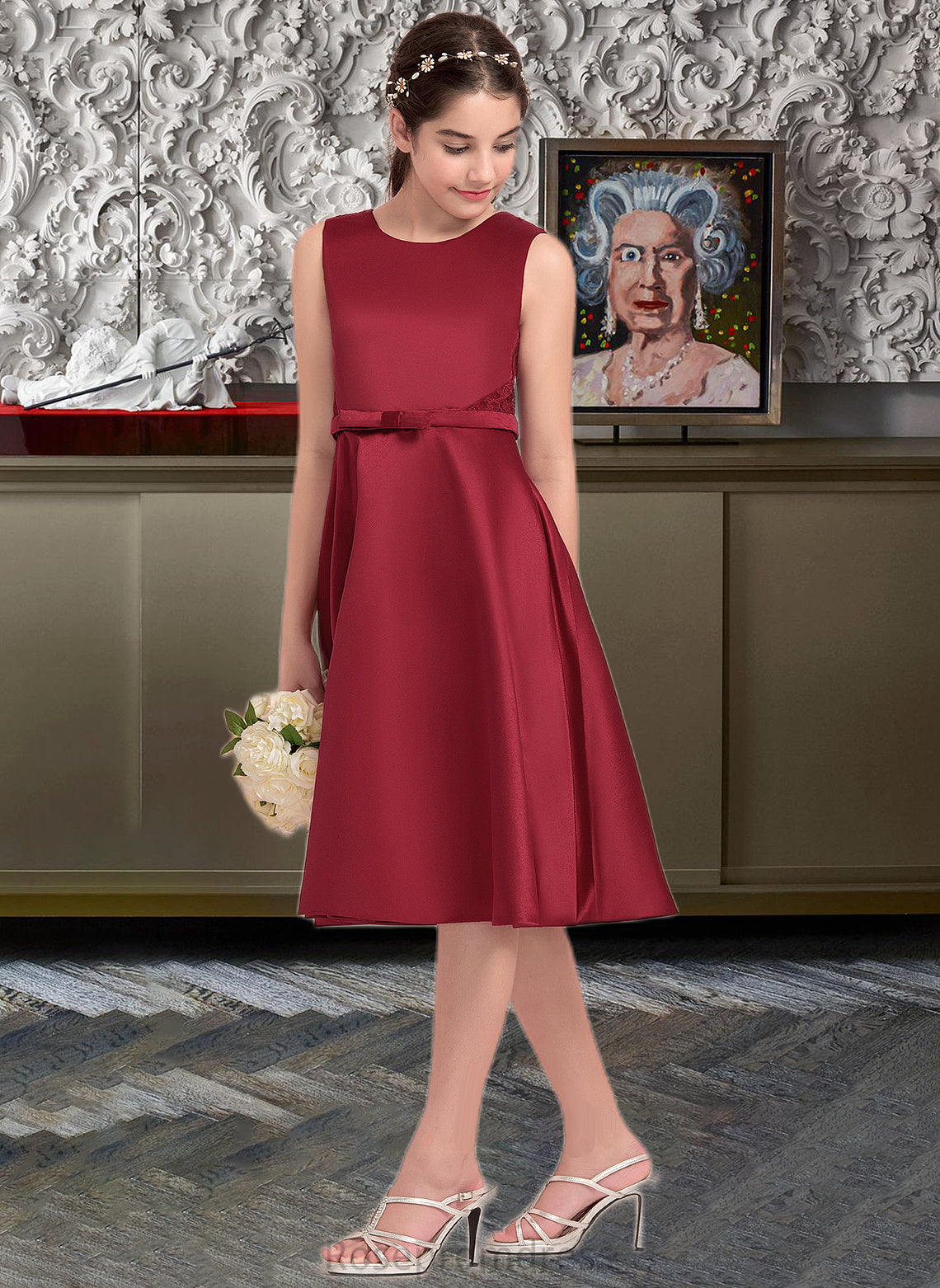 Henrietta A-Line Scoop Neck Knee-Length Satin Junior Bridesmaid Dress With Lace Bow(s) SRSP0013646