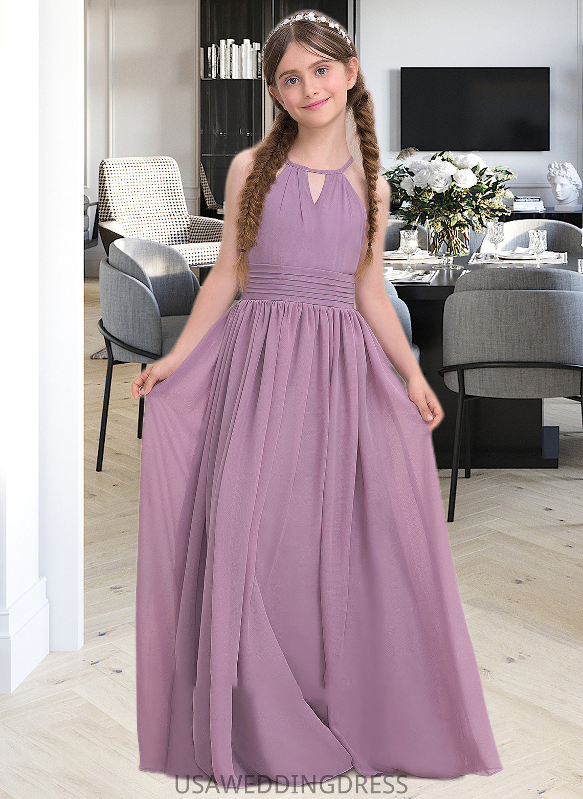 Reagan A-LineScoopNeckFloor-LengthChiffonJuniorBridesmaidDressWithRuffle#119580 DSP0013647